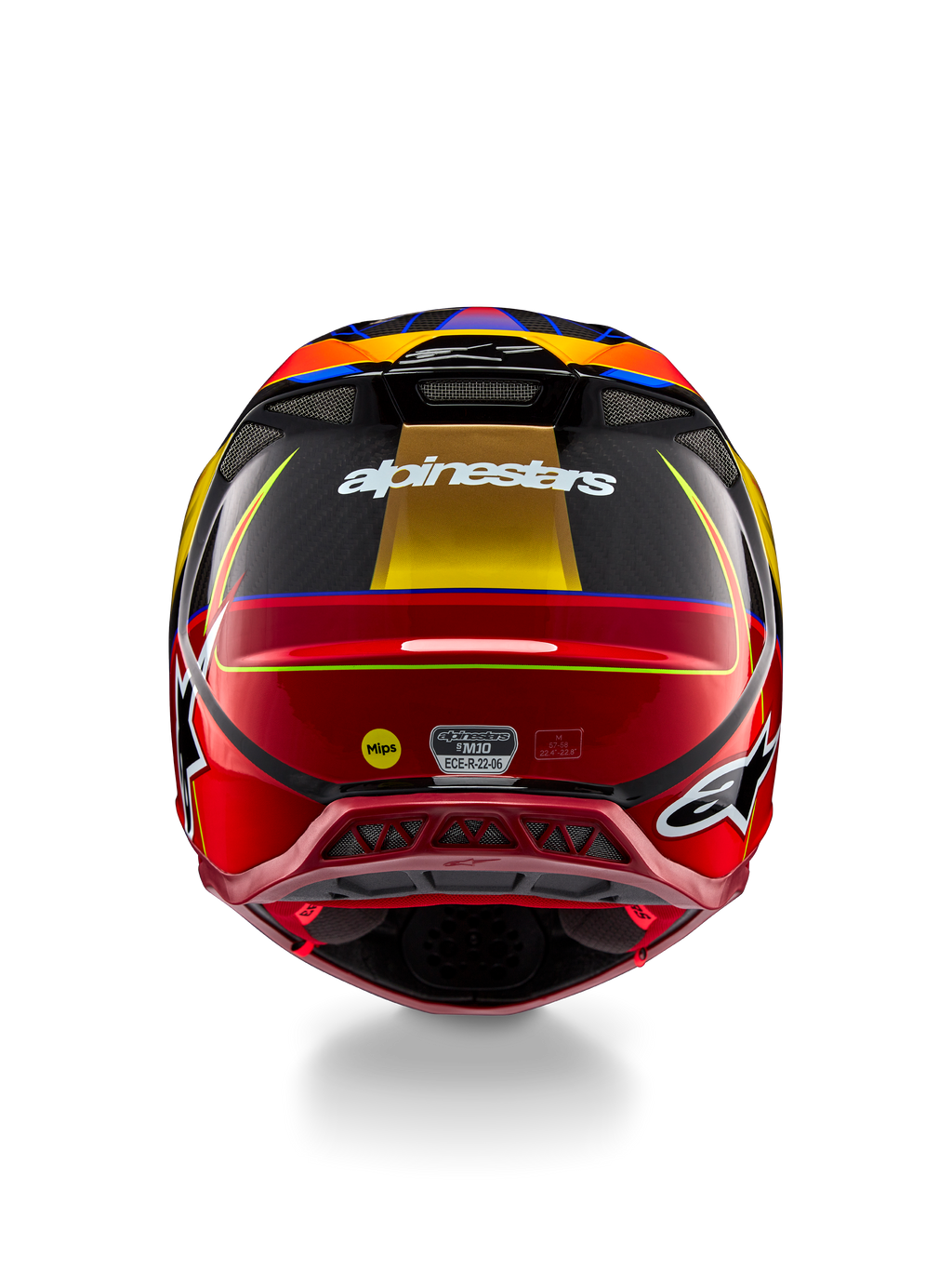 Casque Alpinestars Supertech M10 Era, casque de motocross, jaune or et rouge Rio brillant, vue arrière présentant le logo Alpinestars blanc, le logo MIPS et des ports de ventilation aérodynamiques, construction en fibre de carbone multi-composite avec des accents bleus