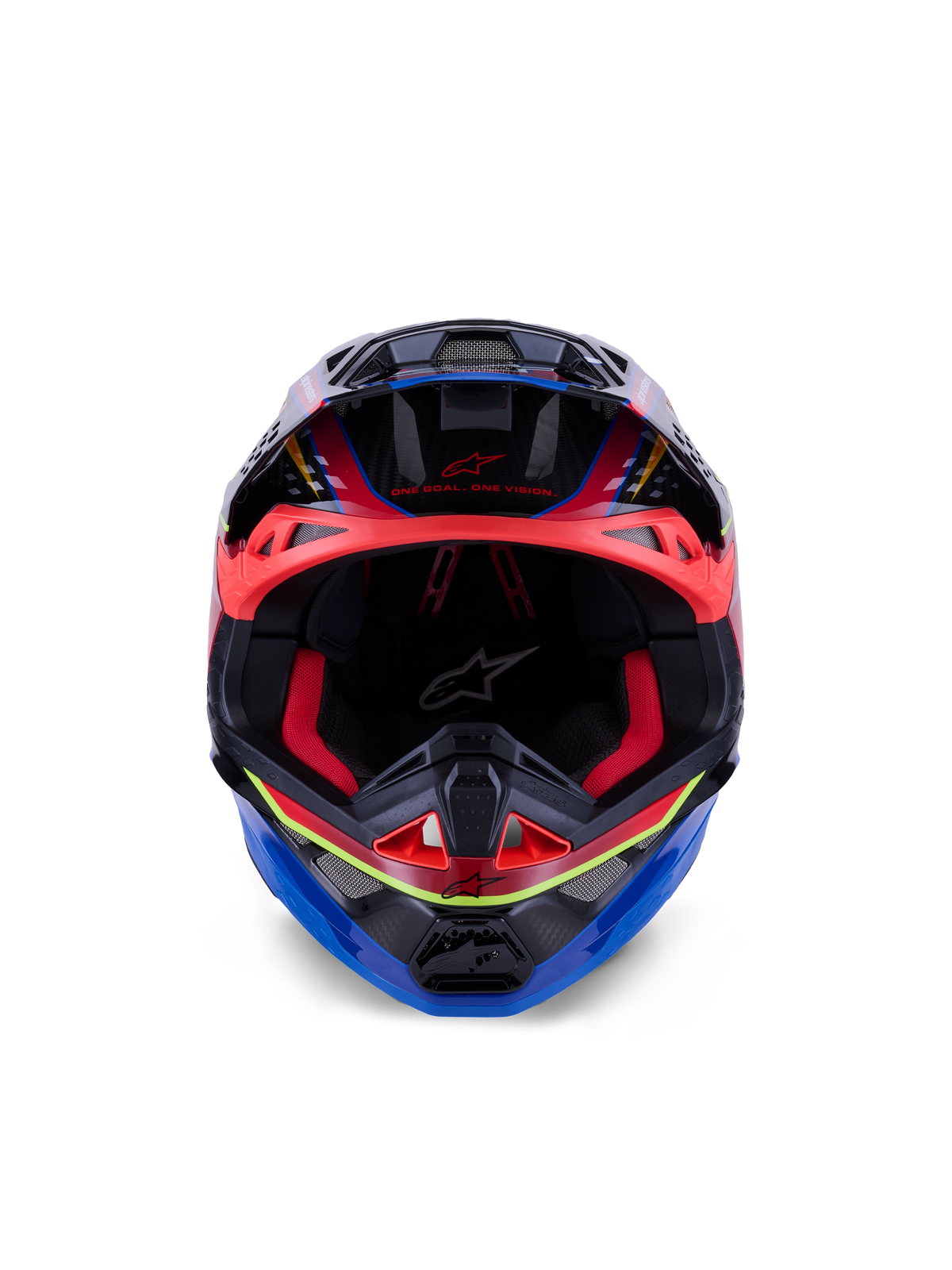 Casque Alpinestars Supertech M10 Era, casque de motocross, bleu, rouge et jaune fluo brillant, vue de face montrant le rembourrage intérieur rouge et les orifices de ventilation agressifs, coque en carbone 3K brillant au design aérodynamique pour la course tout-terrain
