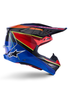Alpinestars Supertech M10 Era Helmet, Motocross Helmet, Blue Red and Yellow Fluo Glossy, side profile view showing multi-composite carbon shell, white Alpinestars logo, aerodynamic design with multiple vents for off-road racing