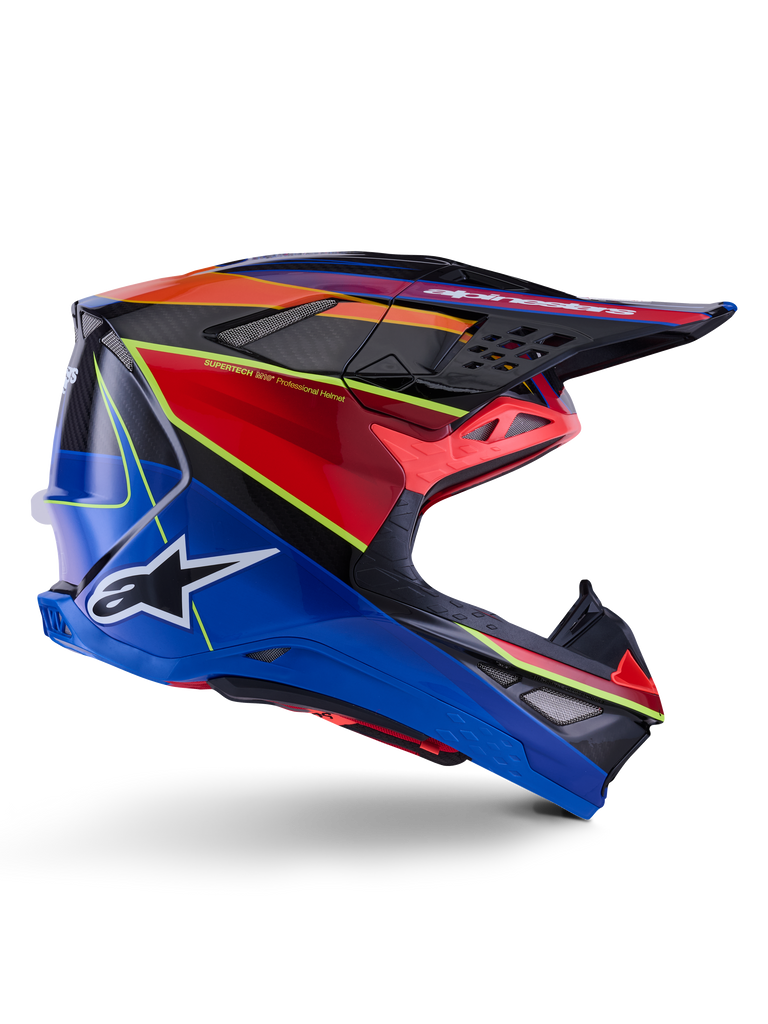 Alpinestars Supertech M10 Era Helmet, Motocross Helmet, Blue Red and Yellow Fluo Glossy, side profile view showing multi-composite carbon shell, white Alpinestars logo, aerodynamic design with multiple vents for off-road racing