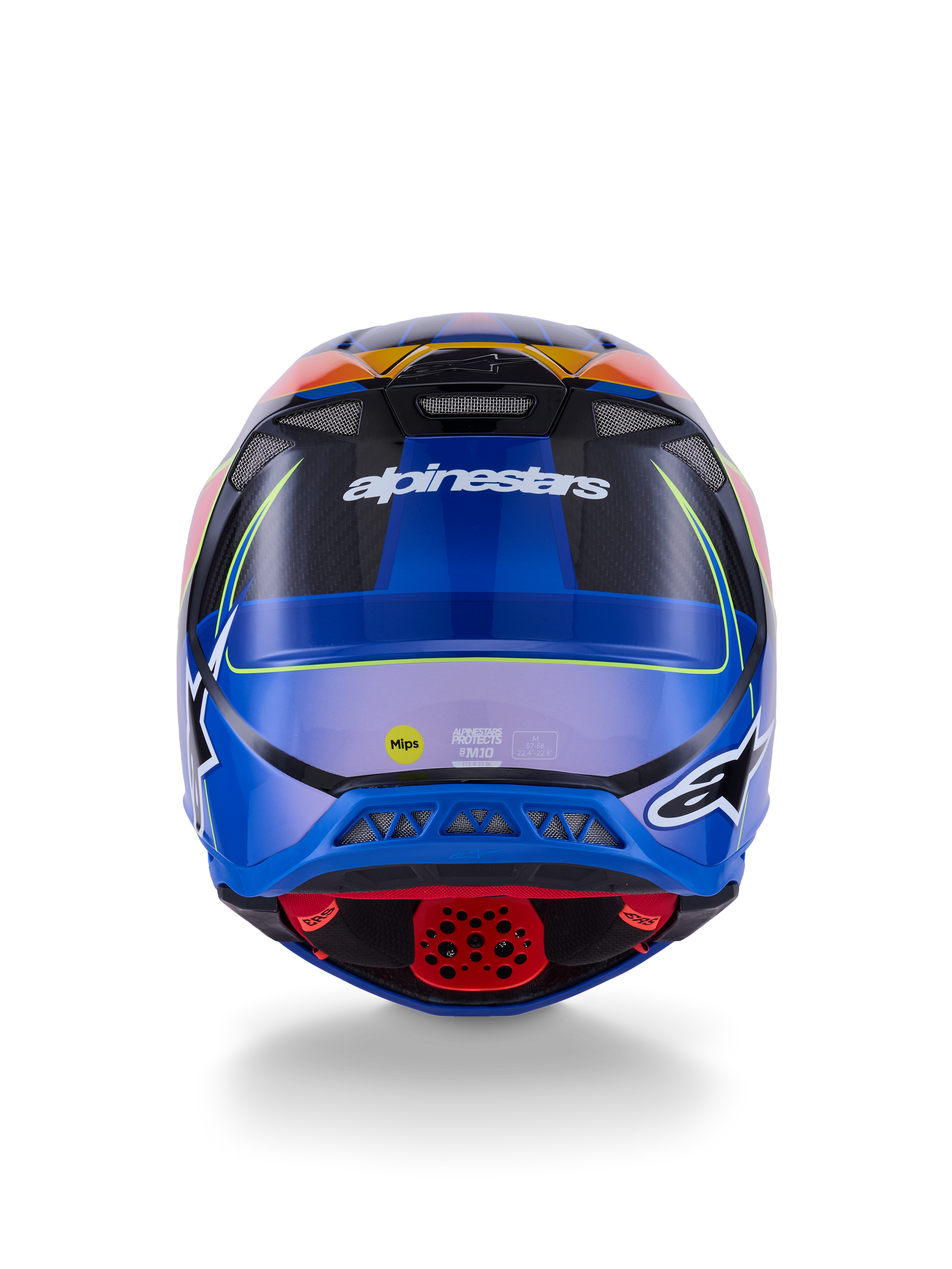 Alpinestars Supertech M10 Era Helmet, Motocross Helmet, Rear View, Blue Red Yellow Fluo Glossy, featuring ventilation ports, carbon composite shell, Alpinestars branding, and MIPS safety sticker, advanced off-road protection