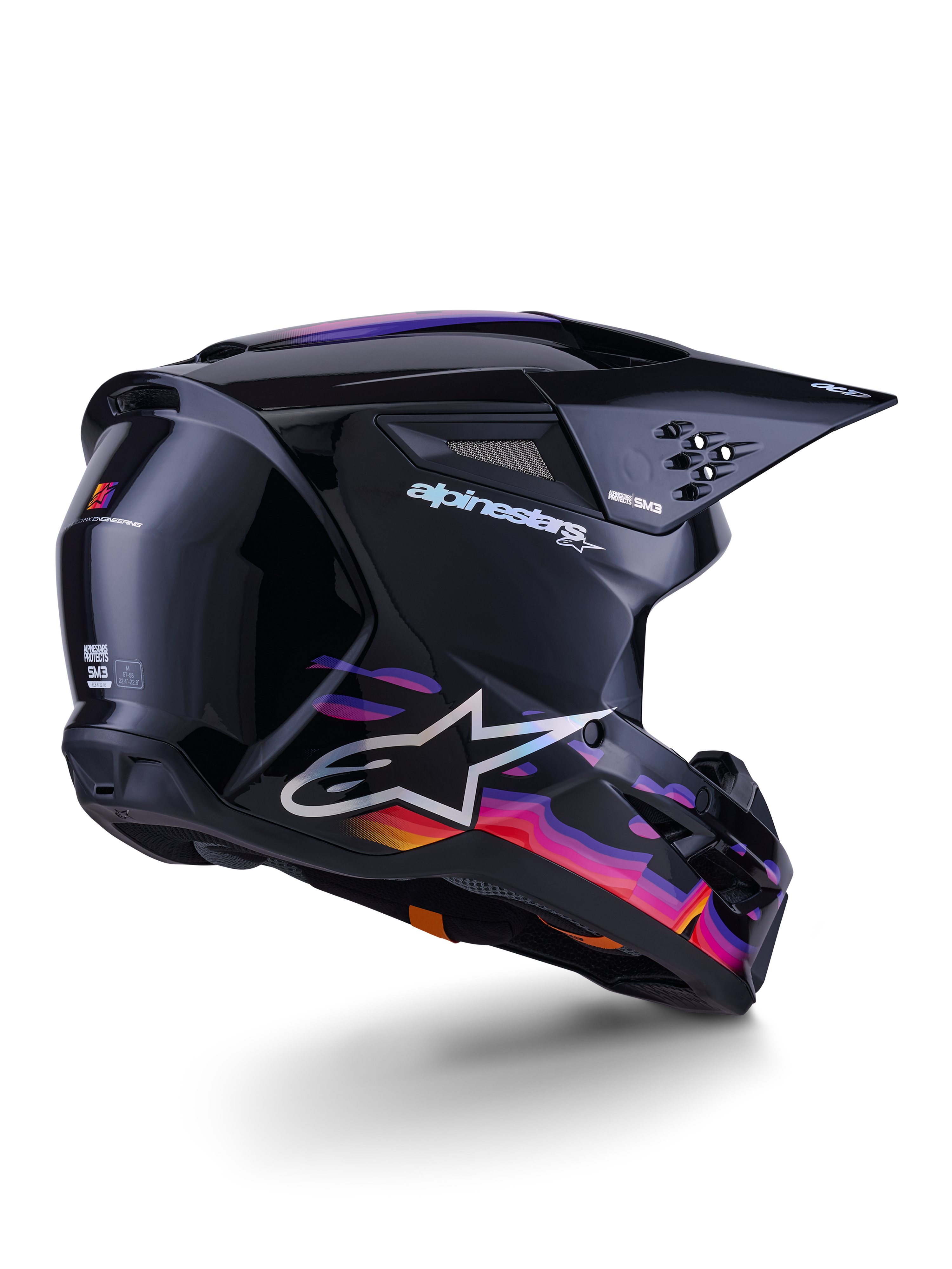 Alpinestars S-M3 Force OCD Helmet, Motocross Helmet, Glossy Black with vibrant purple, pink, and orange wave graphics, featuring white Alpinestars branding and A-star logo, rear three-quarter view, high-performance off-road racing gear