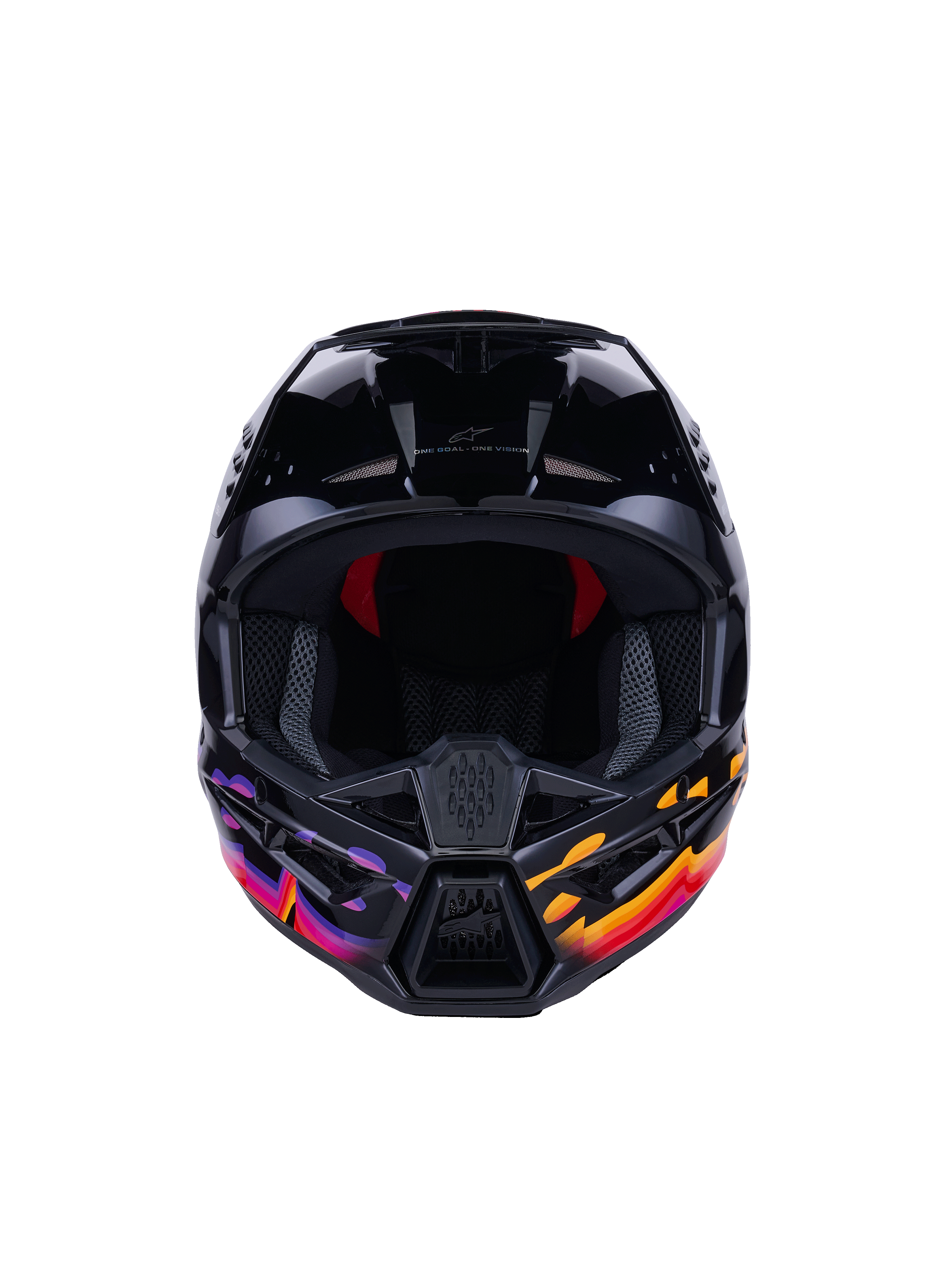 Alpinestars S-M3 Force OCD Helmet, Motocross Helmet, Glossy Black with vibrant purple, orange, and red graphics, front view showing wide eye port and ventilated chin guard, featuring 'One Goal - One Vision' branding, professional off-road racing gear