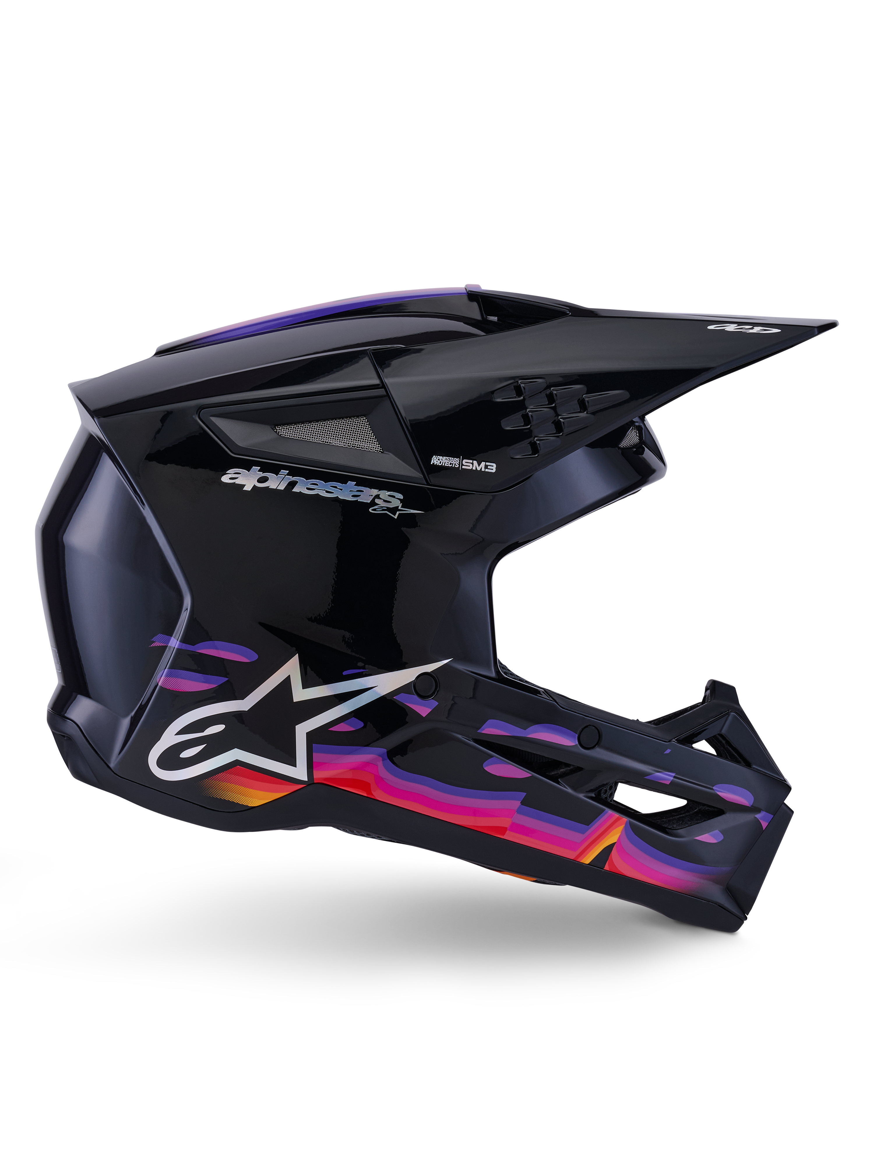Alpinestars S-M3 Force OCD Helmet, Motocross Helmet, Black Glossy with vibrant purple, pink, and orange graphic patterns, side profile view, featuring silver Alpinestars logo and SM3 branding, designed for off-road performance