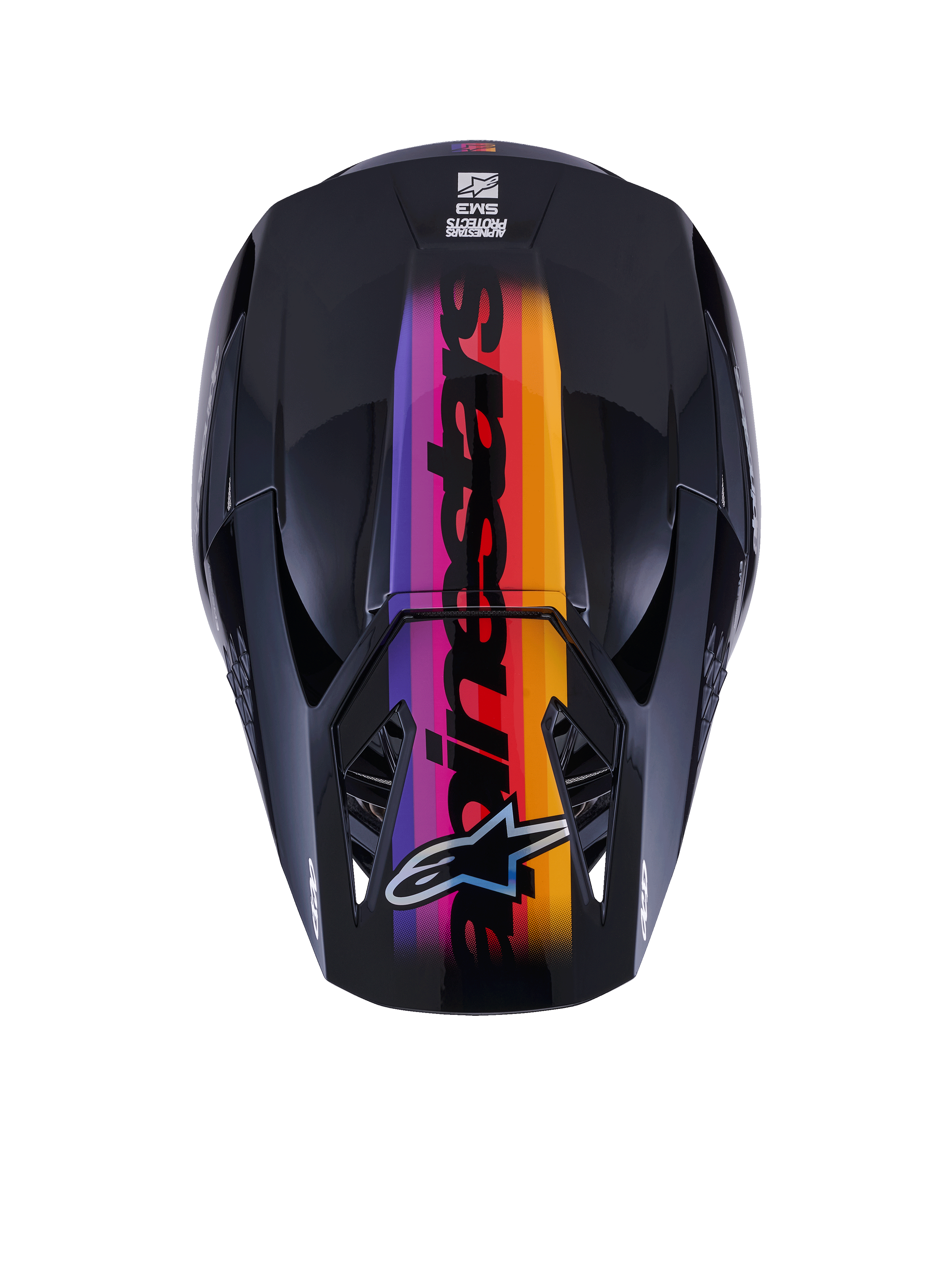 Alpinestars S-M3 Force OCD Helmet, Motocross Helmet, Top-down view, Glossy Black with a vibrant purple, pink, red, orange, and yellow gradient stripe, featuring bold Alpinestars branding and logo, designed for off-road performance
