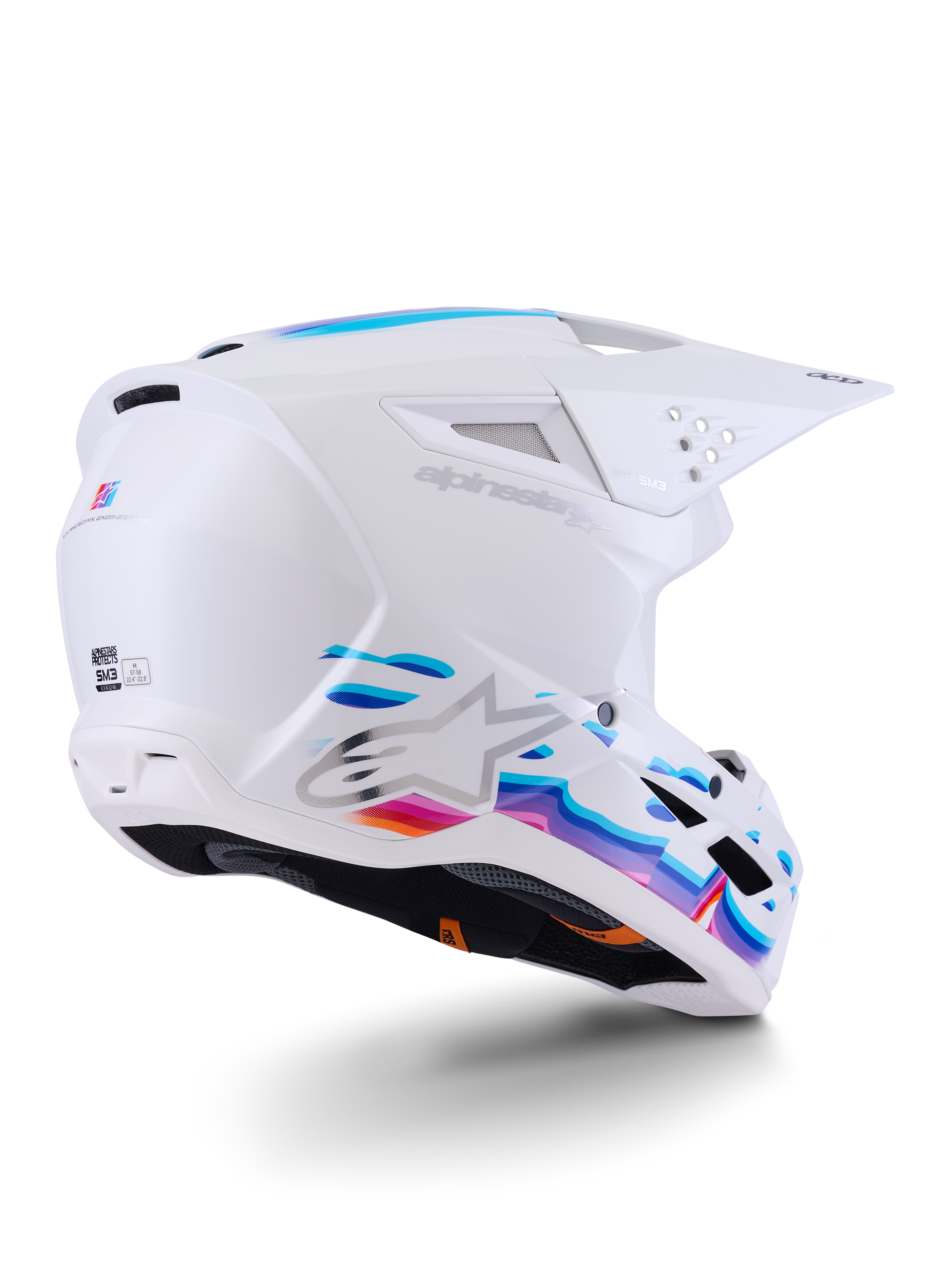 Alpinestars S-M3 Force OCD Helmet, Motocross Helmet, White Glossy with vibrant blue and purple flowing graphics, featuring silver Astar logo and side ventilation ports, aerodynamic shell design for off-road racing