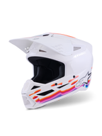 Alpinestars S-M3 Force OCD Helmet, Motocross Helmet, White Glossy with vibrant orange, pink, and blue wavy graphics, featuring a white visor and Alpinestars logo, professional off-road head protection