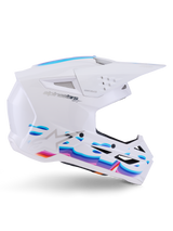 Casque Alpinestars S-M3 Force OCD, White Glossy, casque de motocross avec graphismes de vagues éclatants bleu, violet et orange, profil latéral avec visière aérodynamique et multiples ports de ventilation