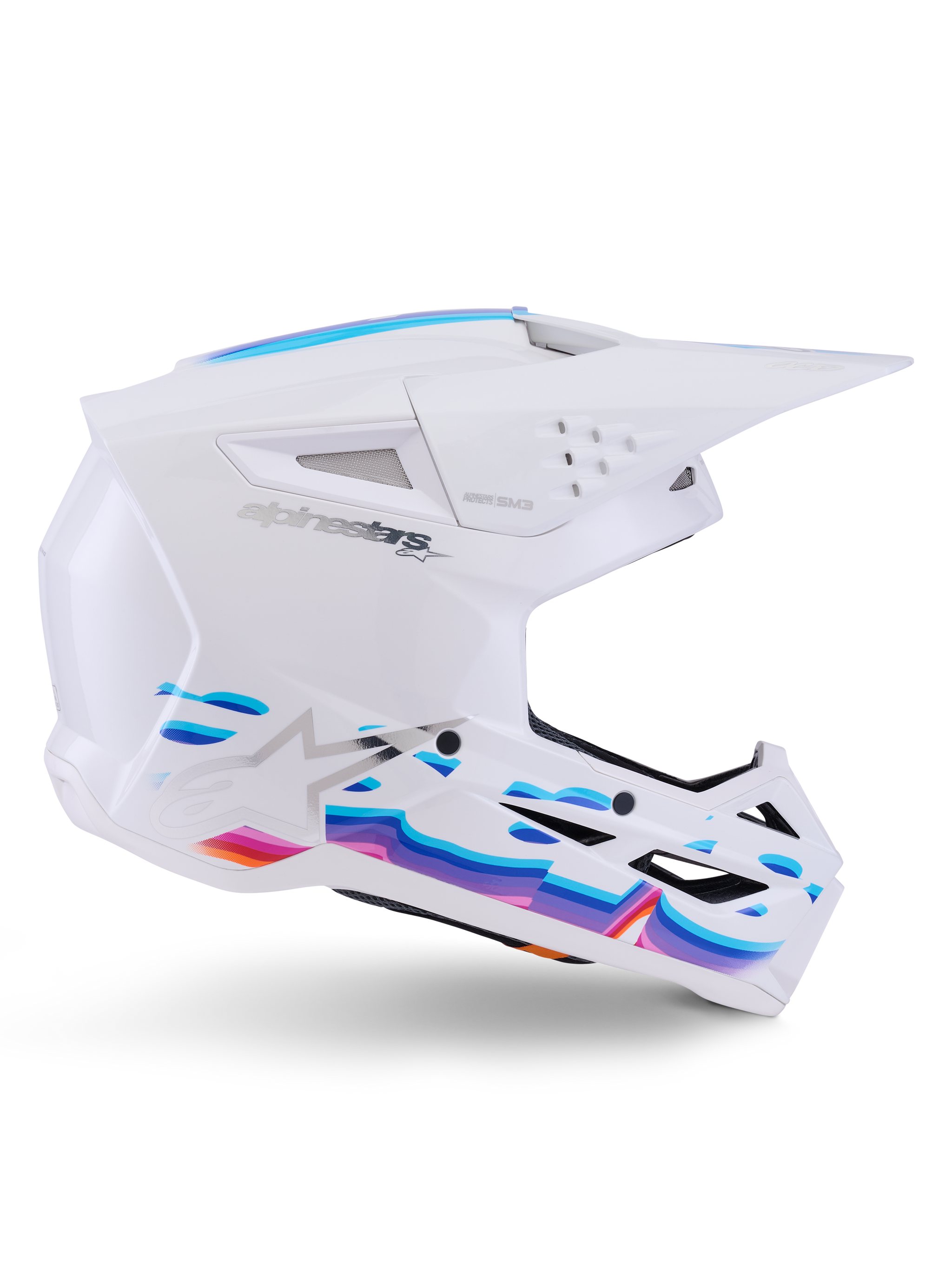 Casque Alpinestars S-M3 Force OCD, White Glossy, casque de motocross avec graphismes de vagues éclatants bleu, violet et orange, profil latéral avec visière aérodynamique et multiples ports de ventilation