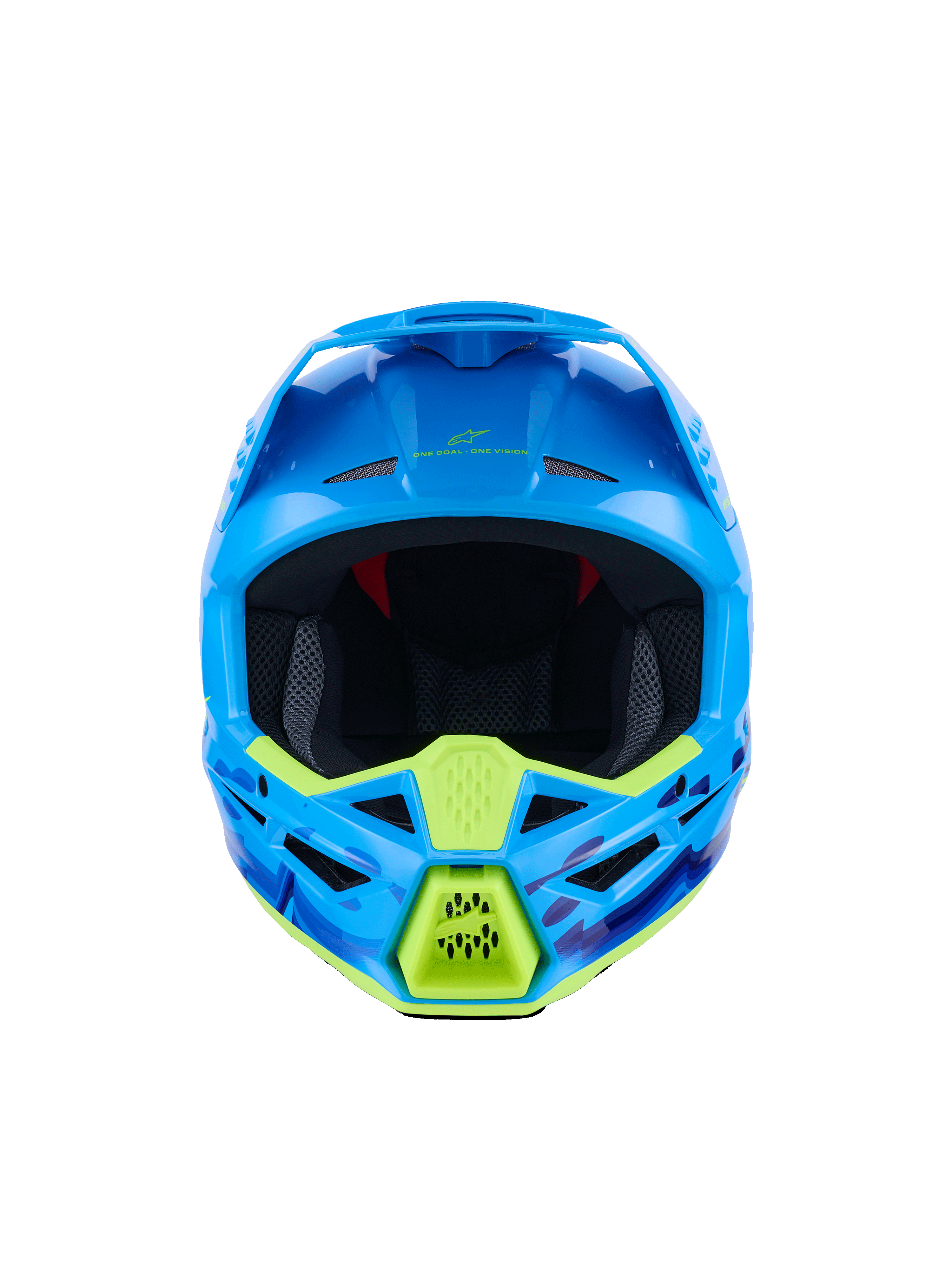 Alpinestars S-M3 Force OCD Helmet, Motocross Helmet, Cyan Glossy with neon yellow accents, front view, featuring blue and purple camo graphics, aggressive ventilation ports, and sleek aerodynamic shell design
