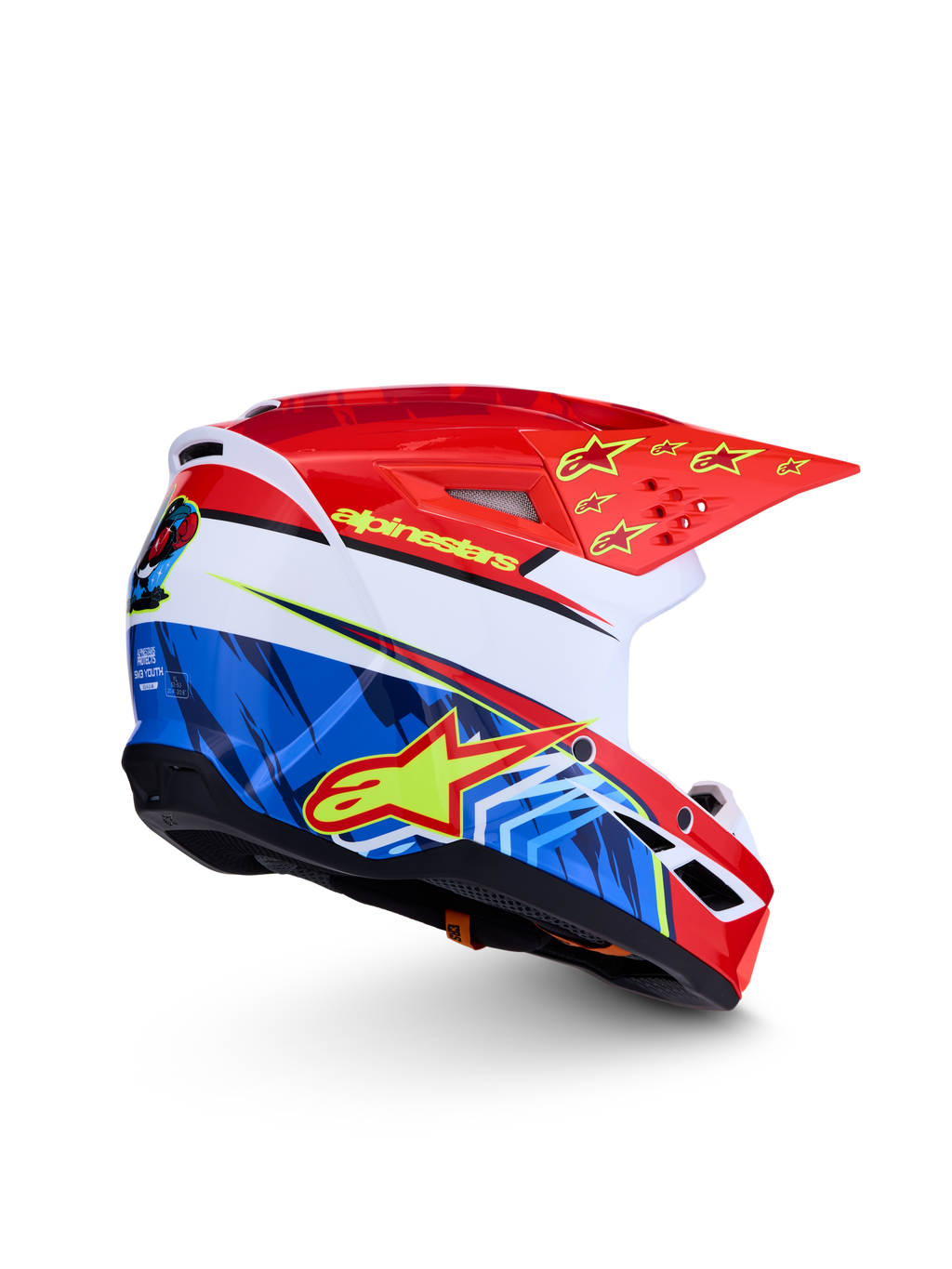 Casque Alpinestars SM3 Falcon Junior ECE06, casque de motocross tout-terrain, rouge, bleu et blanc avec graphismes d'étoiles jaunes, certifié ECE 2206