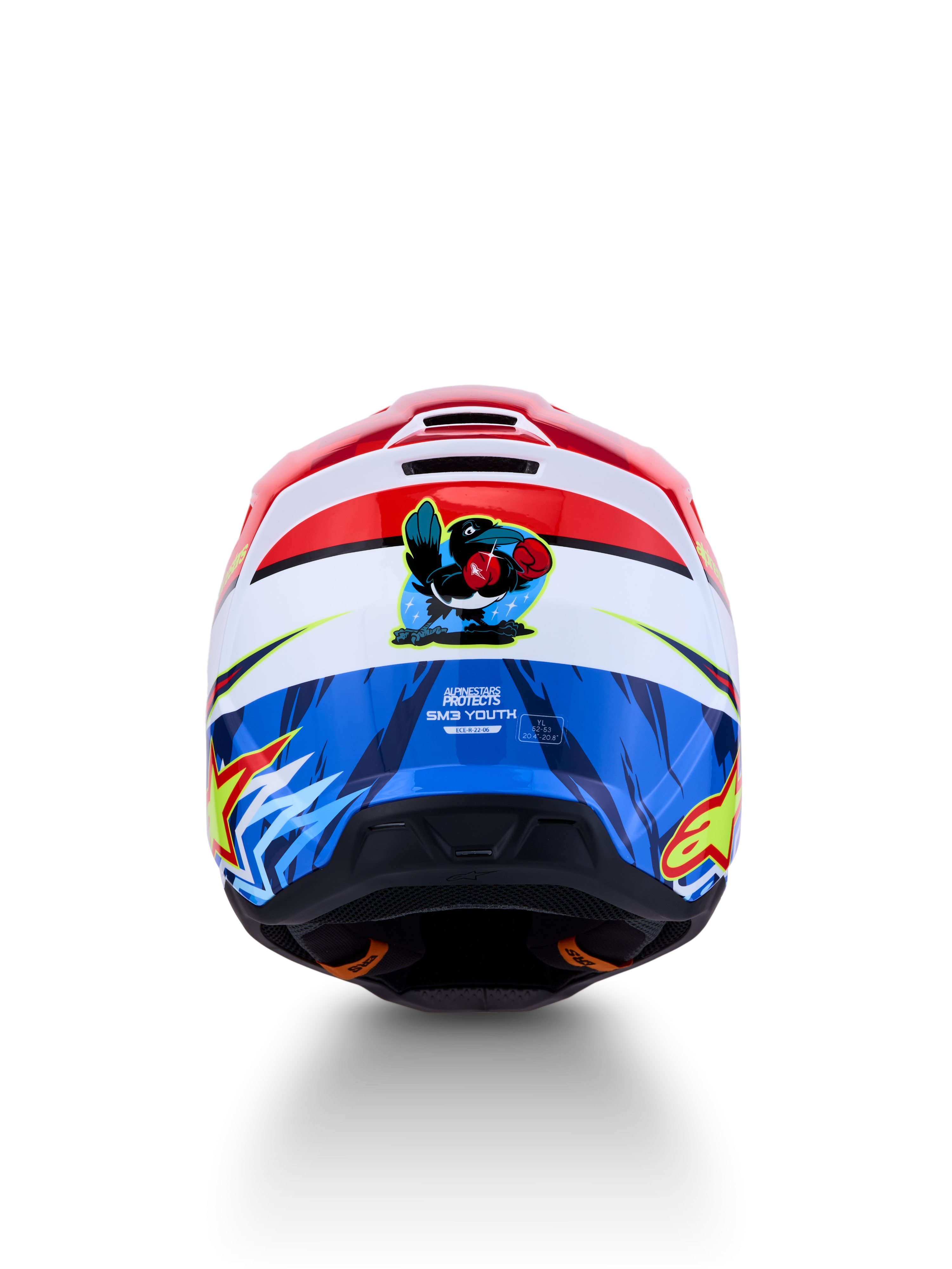Casque Alpinestars SM3 Falcon Junior, motocross, rouge, blanc et bleu, certifié ECE 2206, graphique de faucon boxeur au dos
