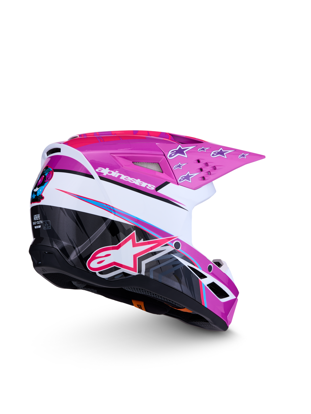 Alpinestars SM3 Falcon Junior ECE06, casque de motocross tout-terrain pour enfant, violet et blanc avec graphismes rose fluo brillants, certifié ECE 2206.