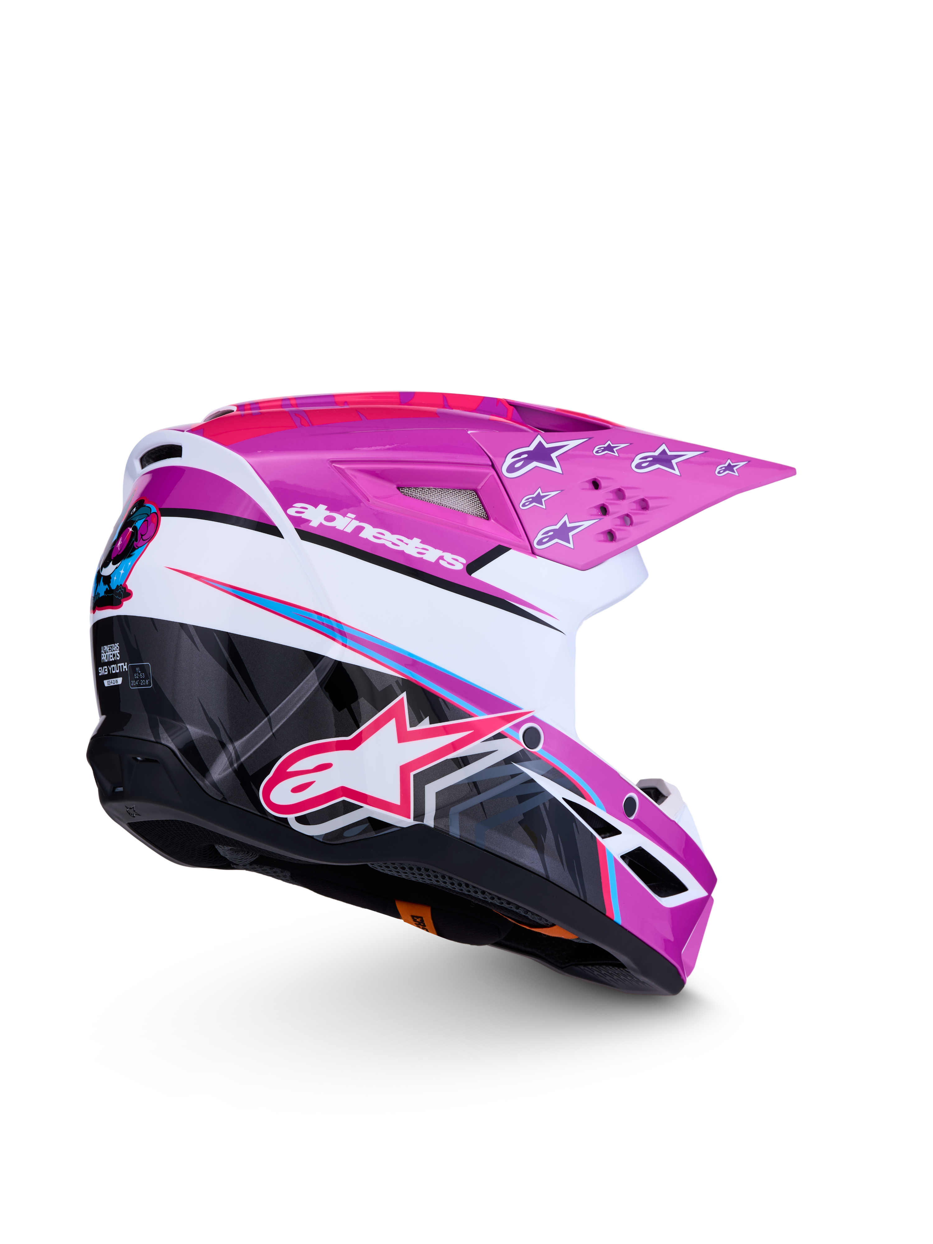 Alpinestars SM3 Falcon Junior ECE06, casque de motocross tout-terrain pour enfant, violet et blanc avec graphismes rose fluo brillants, certifié ECE 2206.