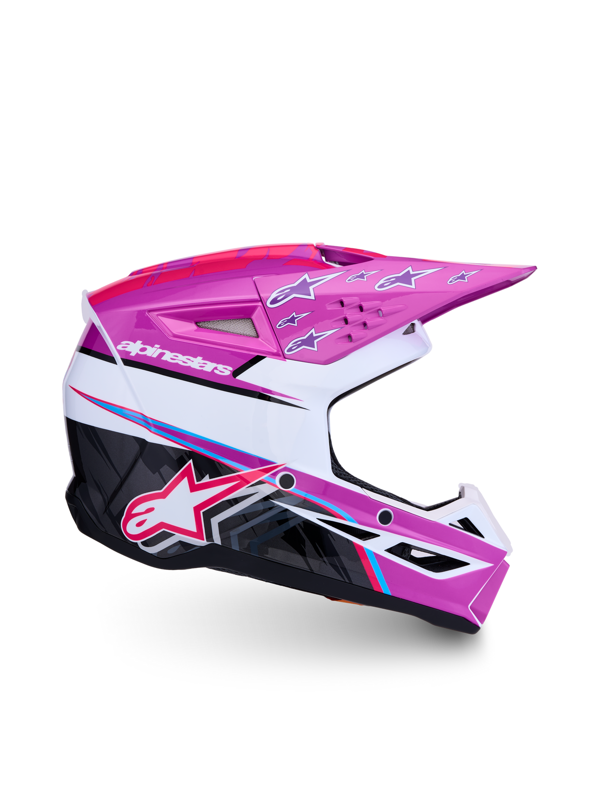 Casque Alpinestars SM3 Falcon Junior, motocross, violet, blanc, noir et rose fluo, certifié ECE 2206, protection légère.