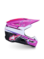 Casque Alpinestars SM3 Falcon Junior, motocross, violet, blanc, noir et rose fluo, certifié ECE 2206, protection légère.