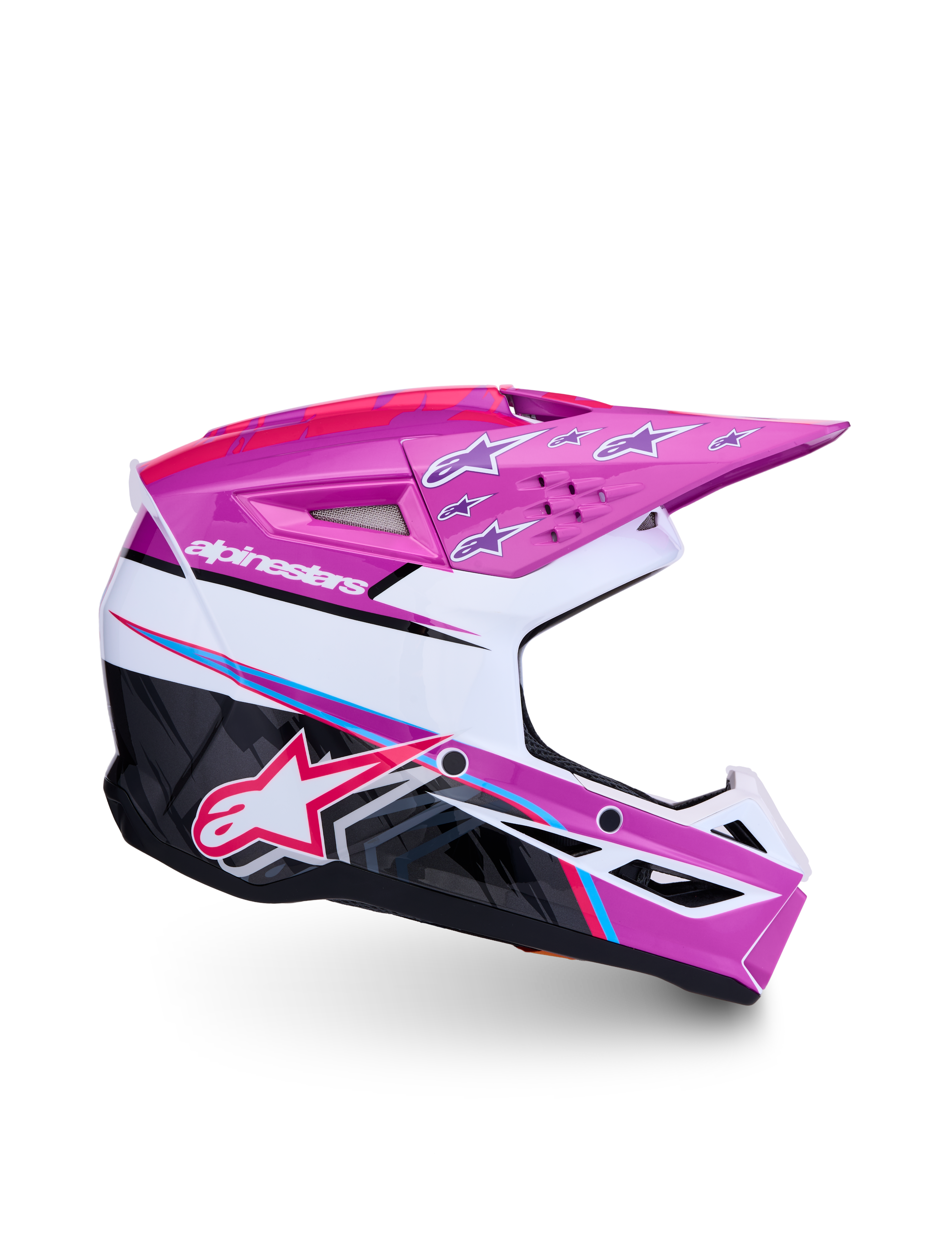 Casque Alpinestars SM3 Falcon Junior, motocross, violet, blanc, noir et rose fluo, certifié ECE 2206, protection légère.