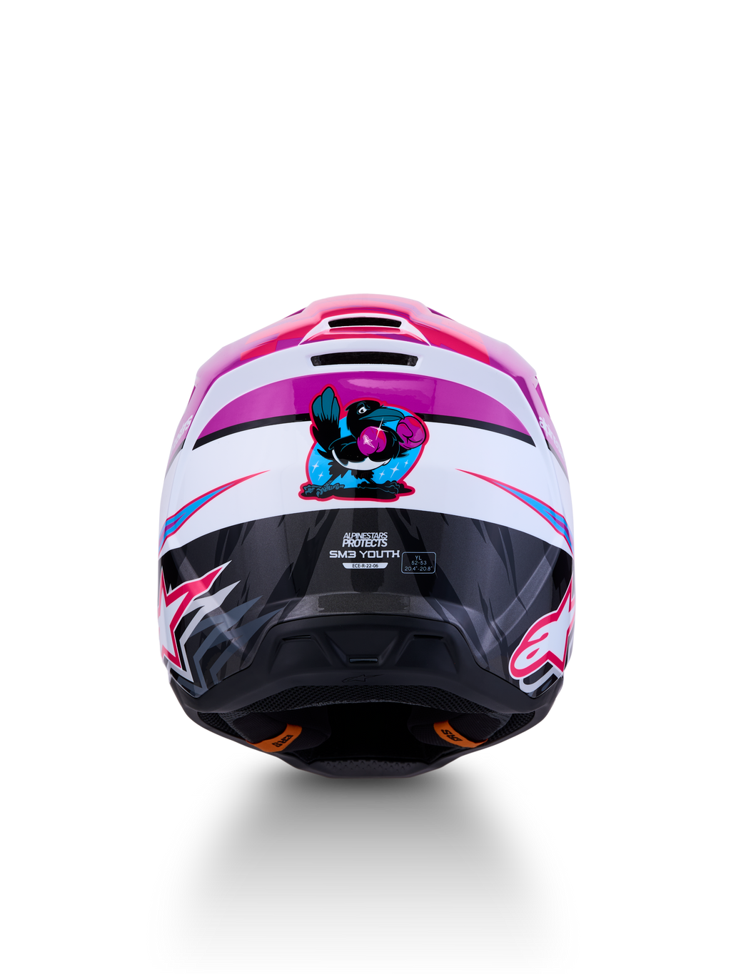 Alpinestars SM3 Falcon junior, casque de motocross, violet et blanc, certifié ECE 22.06, vue arrière avec graphique d'oiseau.