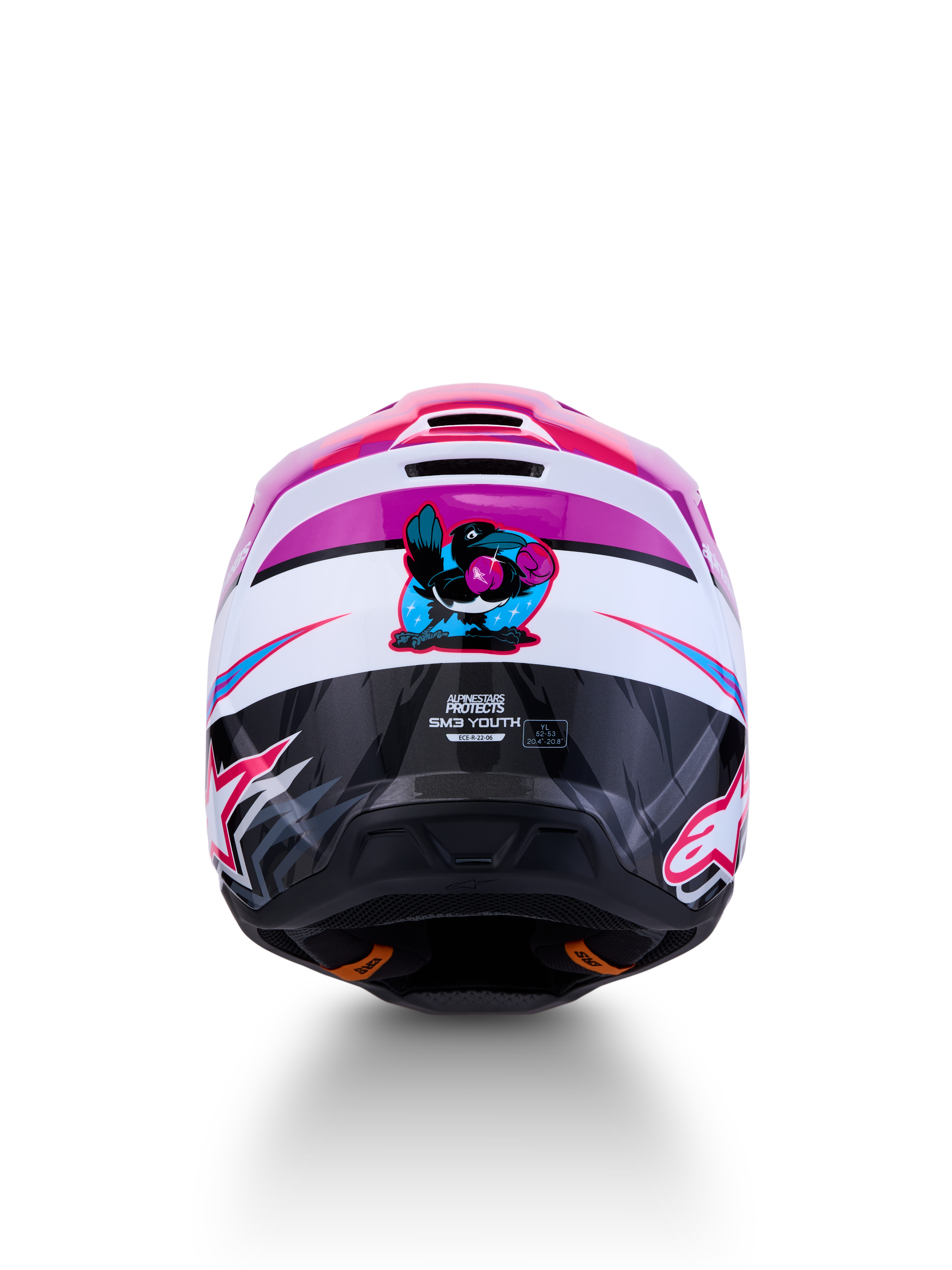 Alpinestars SM3 Falcon junior, casque de motocross, violet et blanc, certifié ECE 22.06, vue arrière avec graphique d'oiseau.