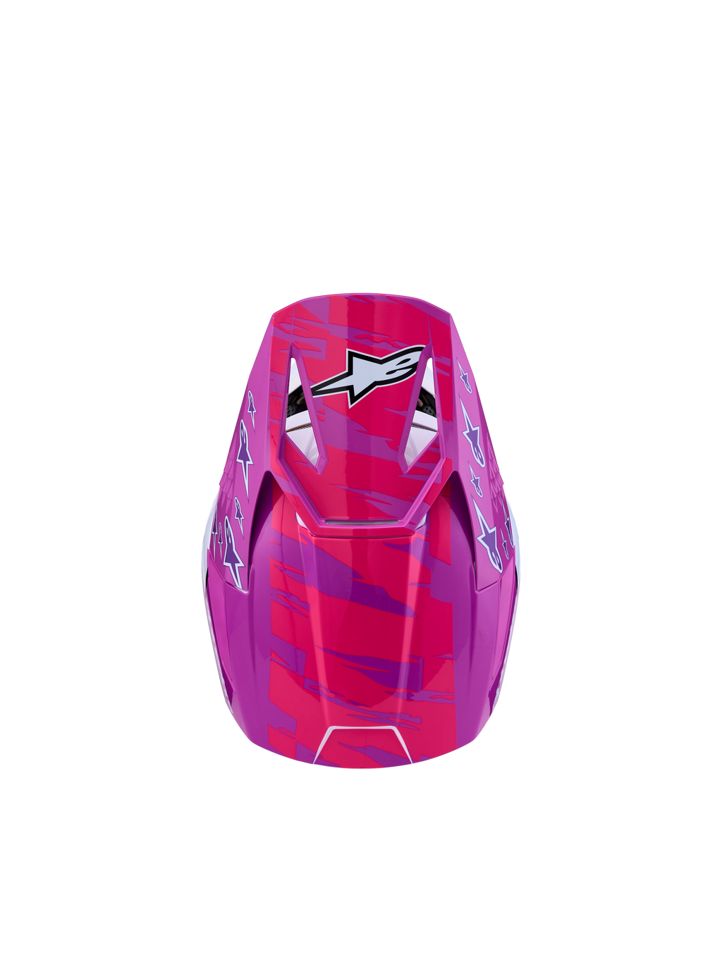 Casque Alpinestars SM3 Falcon Junior ECE06, casque de motocross pour enfant, violet et rose fluo, graphismes d'étoiles blanches, vue de dessus