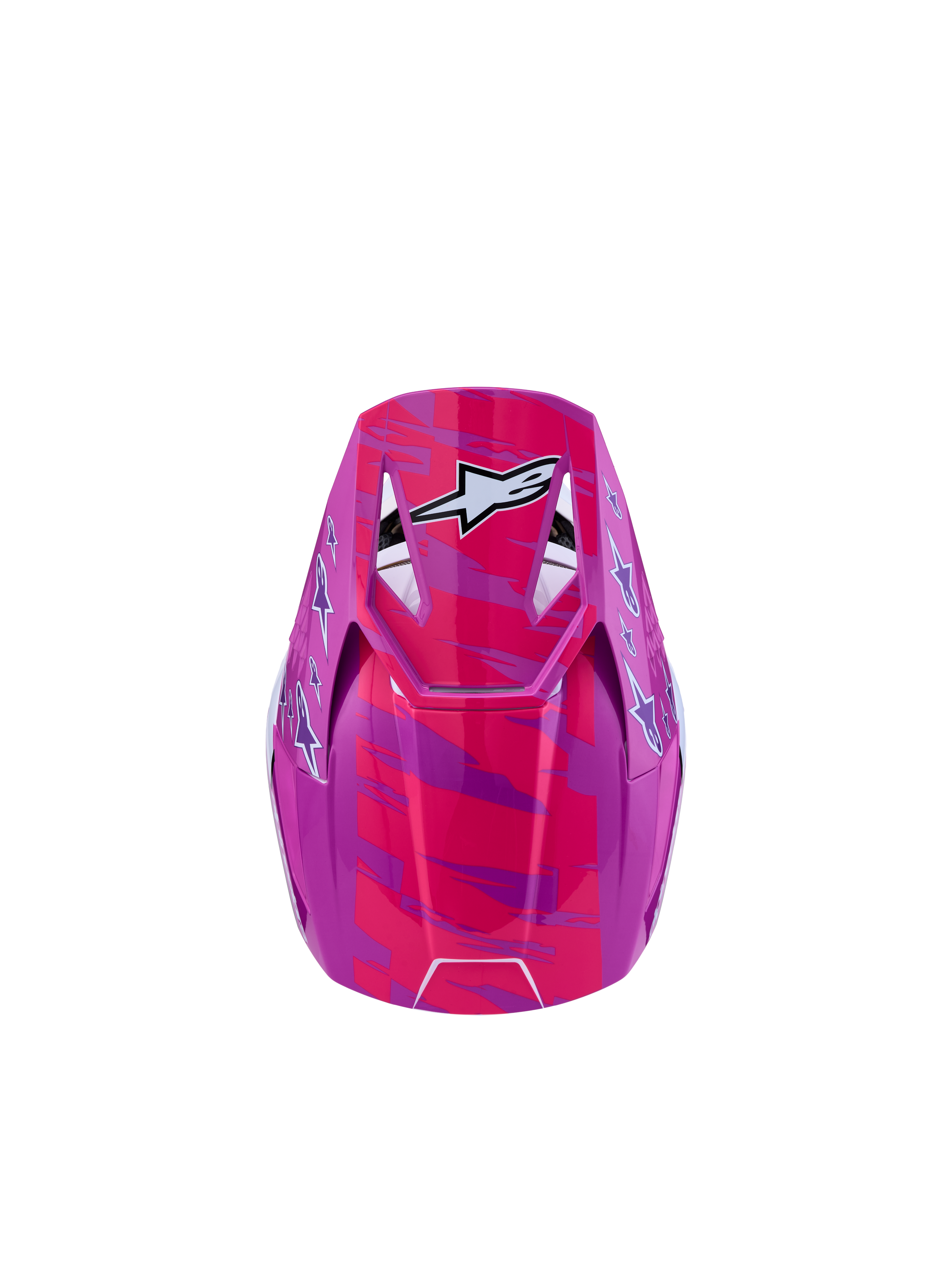 Casque Alpinestars SM3 Falcon Junior ECE06, casque de motocross pour enfant, violet et rose fluo, graphismes d'étoiles blanches, vue de dessus