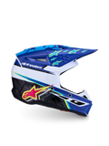 Alpinestars S-M3 Youth Falcon Motocross Helmet in blue and white with pink and fluo yellow accents, ECE 22.06 certified.