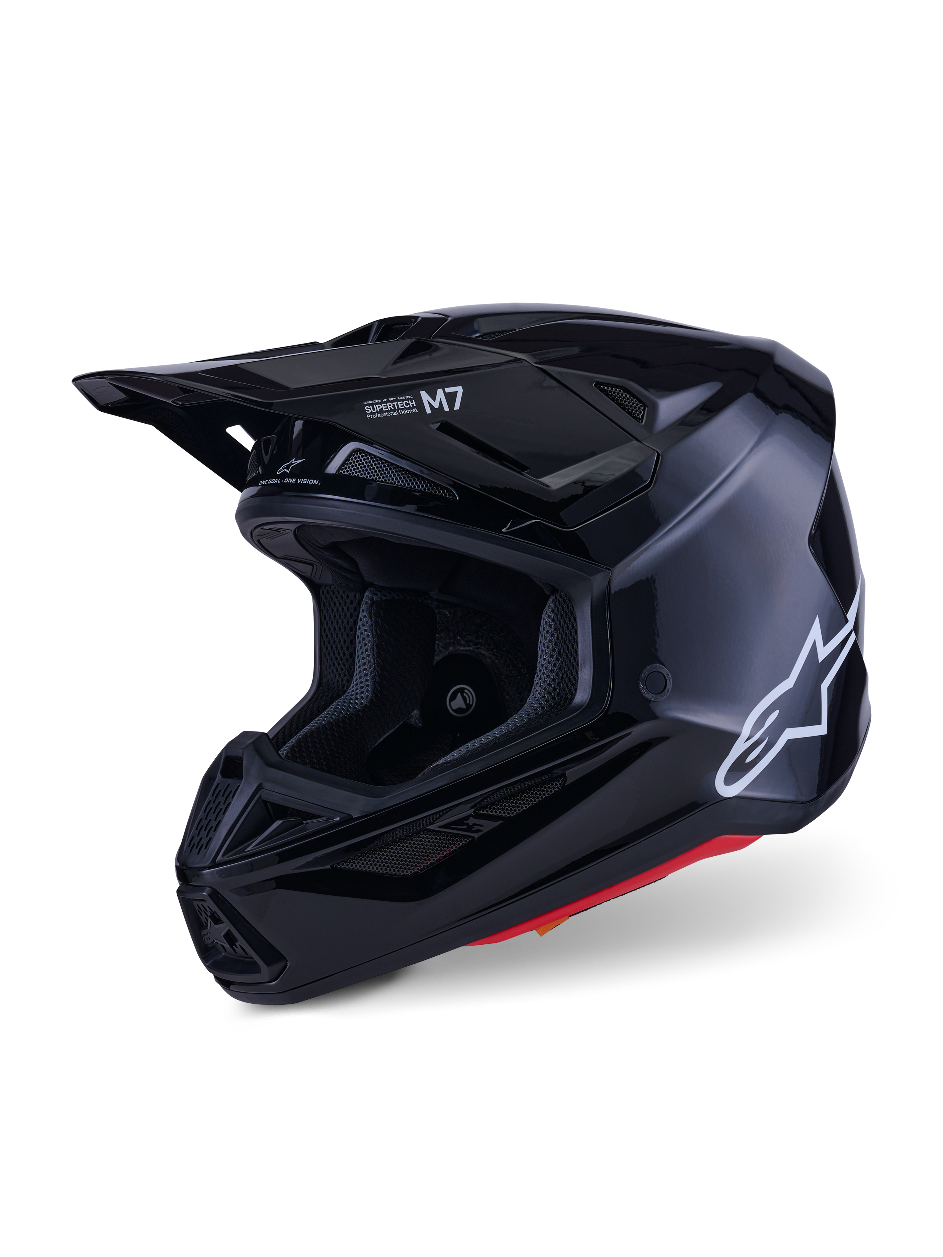 Alpinestars S-M7 Solid Helmet, Motocross Helmet, Black Glossy, featuring a white Alpinestars logo on the side, aerodynamic visor, and multiple air intake vents for off-road racing protection