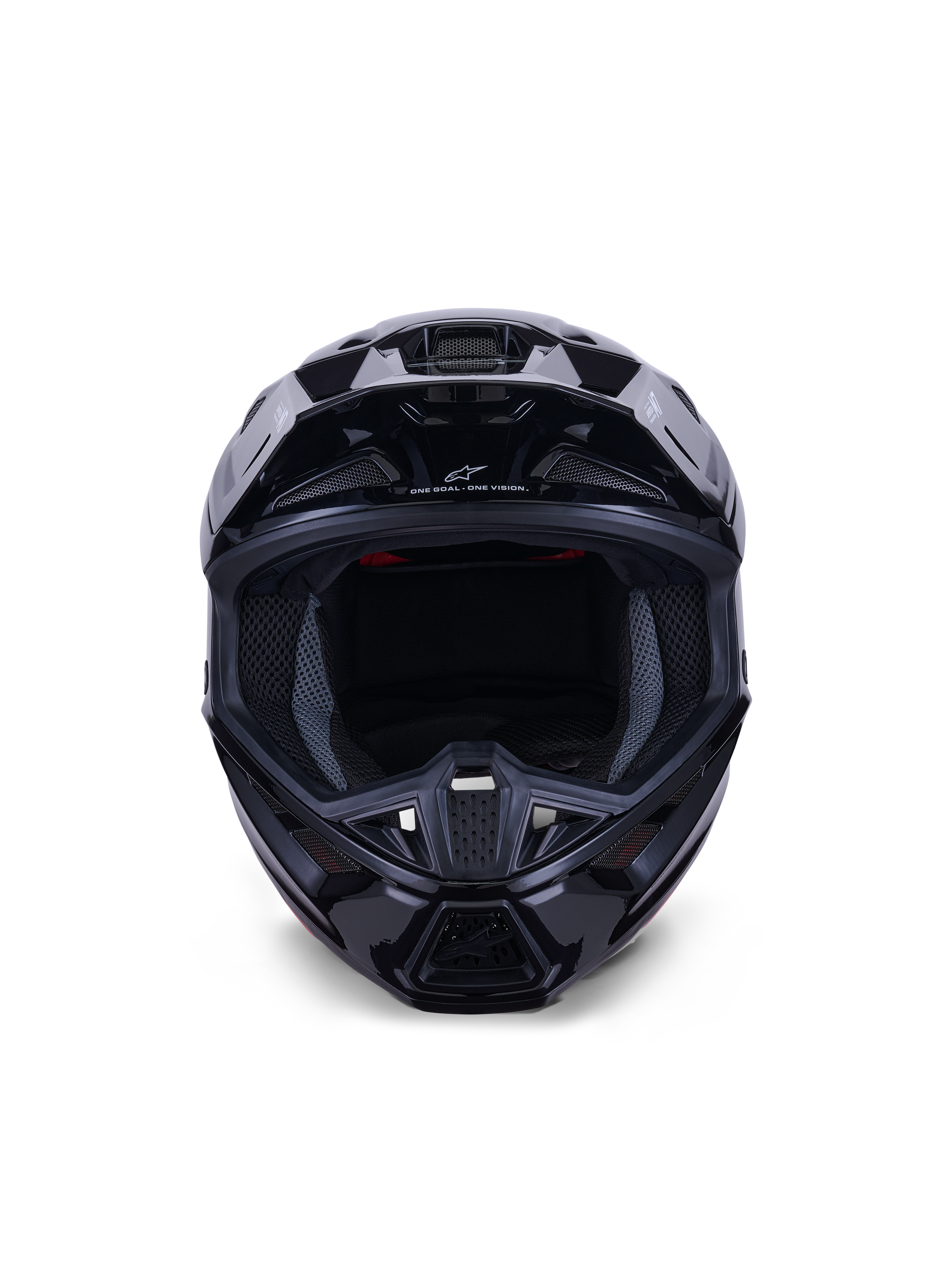 Alpinestars S-M7 Solid Helmet ECE 22.06, Motocross Helmet, Black Glossy, front view highlighting the aerodynamic composite shell, ventilation ports on the chin bar, and internal mesh padding, sleek finish for off-road racing