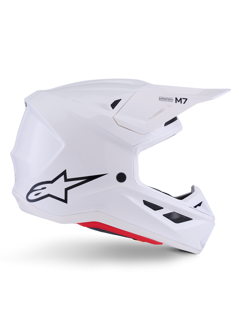 Alpinestars S-M7 Solid Helmet ECE 22.06, casque de motocross, blanc brillant, design aérodynamique angulaire avec grilles de ventilation noires, logo étoile noir et marquage M7, protection professionnelle pour la course tout-terrain
