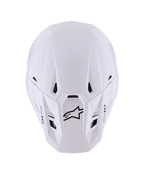 Alpinestars S-M7 Solid Helmet, Motocross Helmet, White Glossy, top-down view showing sleek aerodynamic shell, black intake vents, black Astar logo and M7 branding on the peak, high-performance off-road racing gear