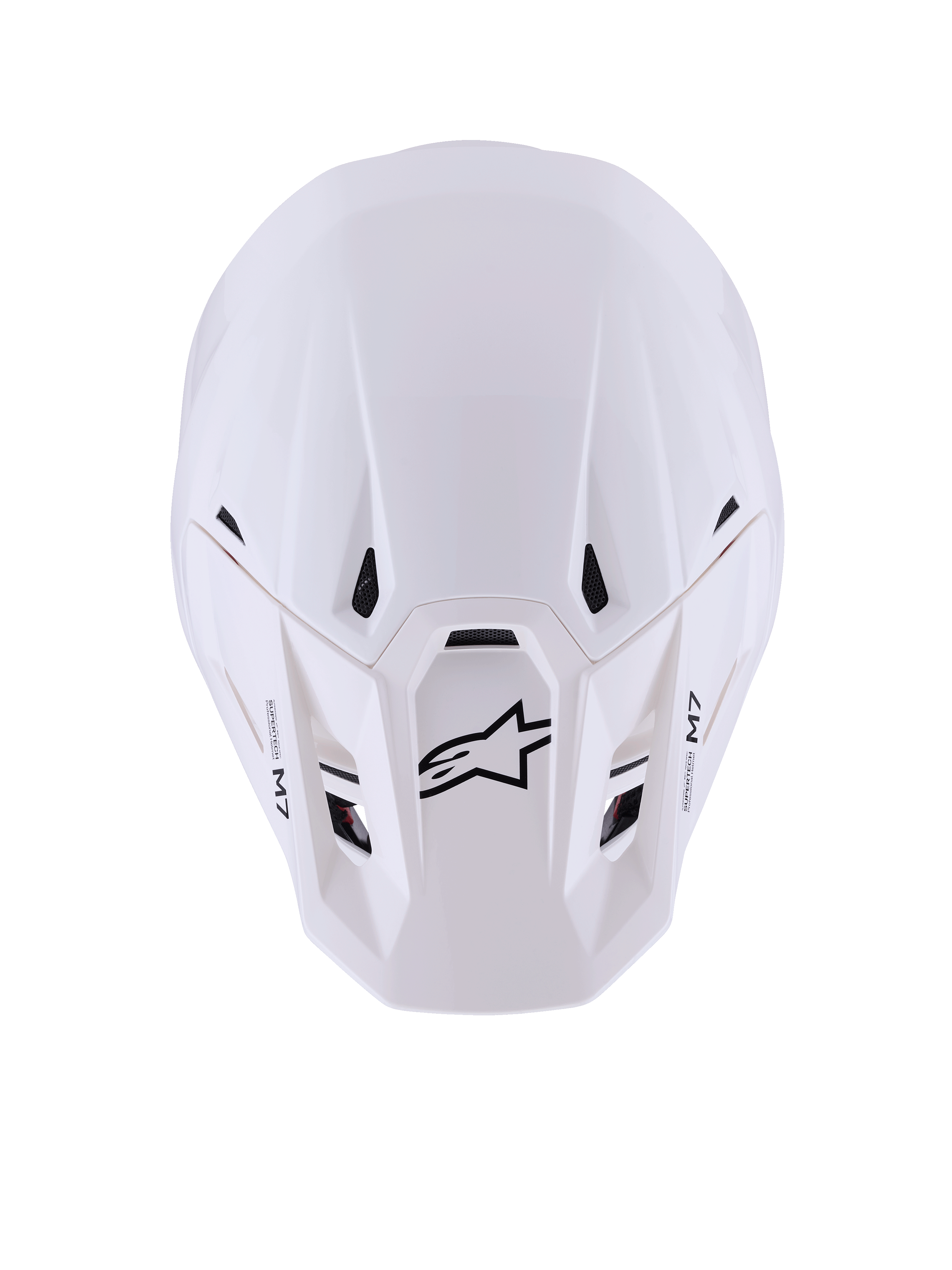 Alpinestars S-M7 Solid Helmet, Motocross Helmet, White Glossy, top-down view showing sleek aerodynamic shell, black intake vents, black Astar logo and M7 branding on the peak, high-performance off-road racing gear