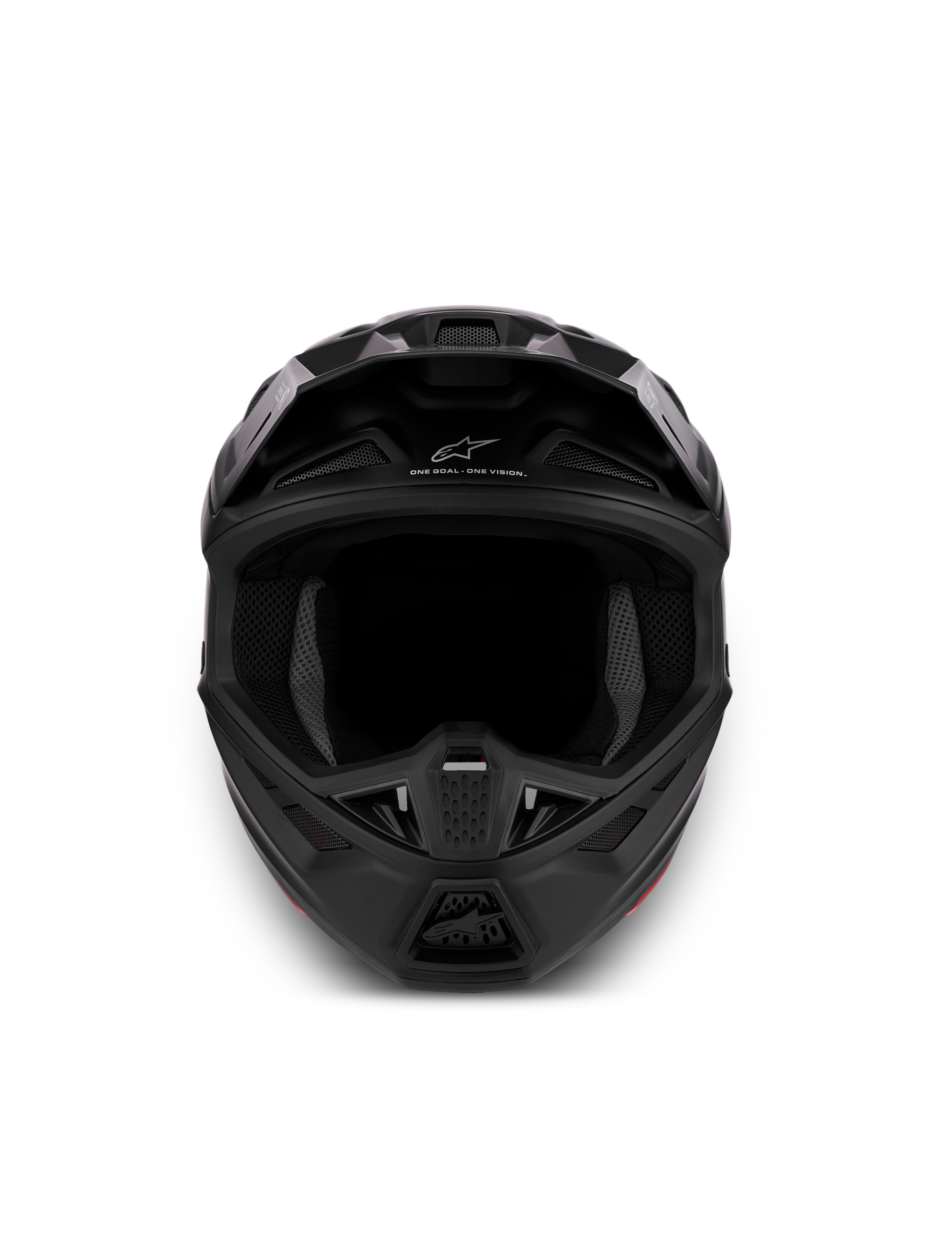 Alpinestars S-M7 Solid ECE06, casque de motocross tout-terrain, noir mat, certifié ECE 22.06, vue de face mettant en avant le design aérodynamique et les prises d'air.
