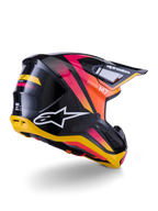 Casque Alpinestars S-M7 Rise, casque de motocross, noir, jaune et rose brillant, vue arrière et latérale présentant une coque composite aérodynamique avec des dégradés éclatants, des logos distinctifs et des ports de ventilation
