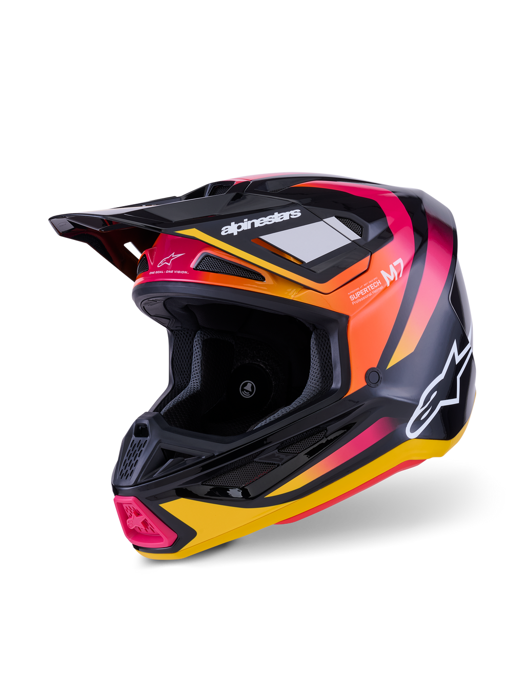 Casque Alpinestars S-M7 Rise, casque de motocross, noir, jaune et rose brillant, doté d'une coque composite aérodynamique avec des graphismes dégradés éclatants, logos Alpinestars blancs et de multiples ouvertures de ventilation pour la course tout-terrain