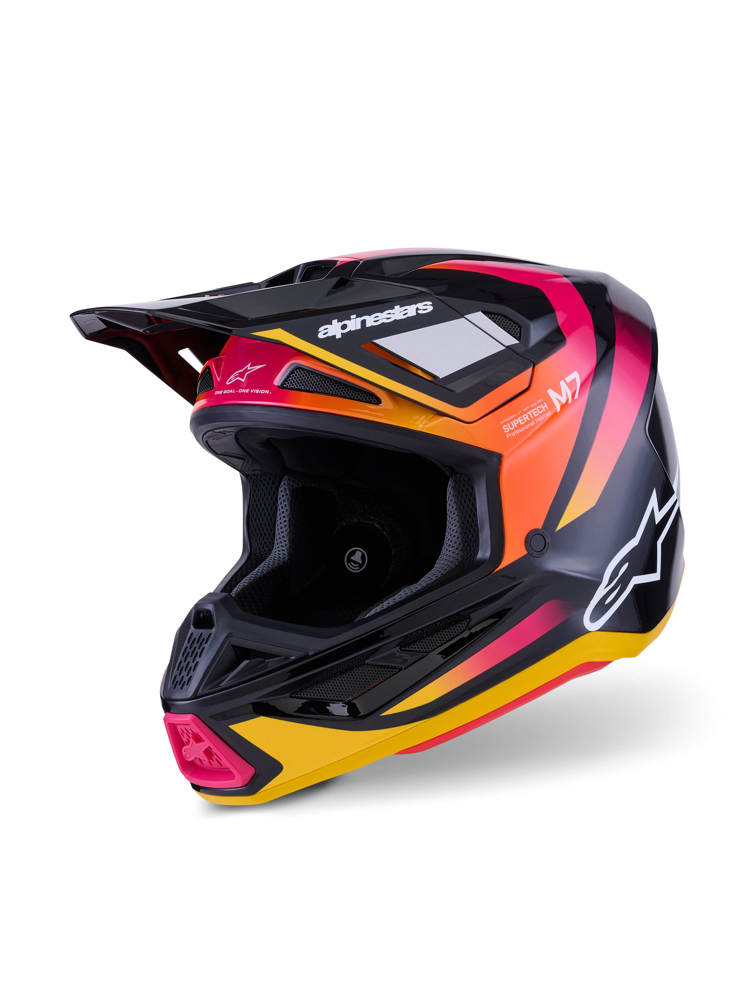 Casque Alpinestars S-M7 Rise, casque de motocross, noir, jaune et rose brillant, doté d'une coque composite aérodynamique avec des graphismes dégradés éclatants, logos Alpinestars blancs et de multiples ouvertures de ventilation pour la course tout-terrain