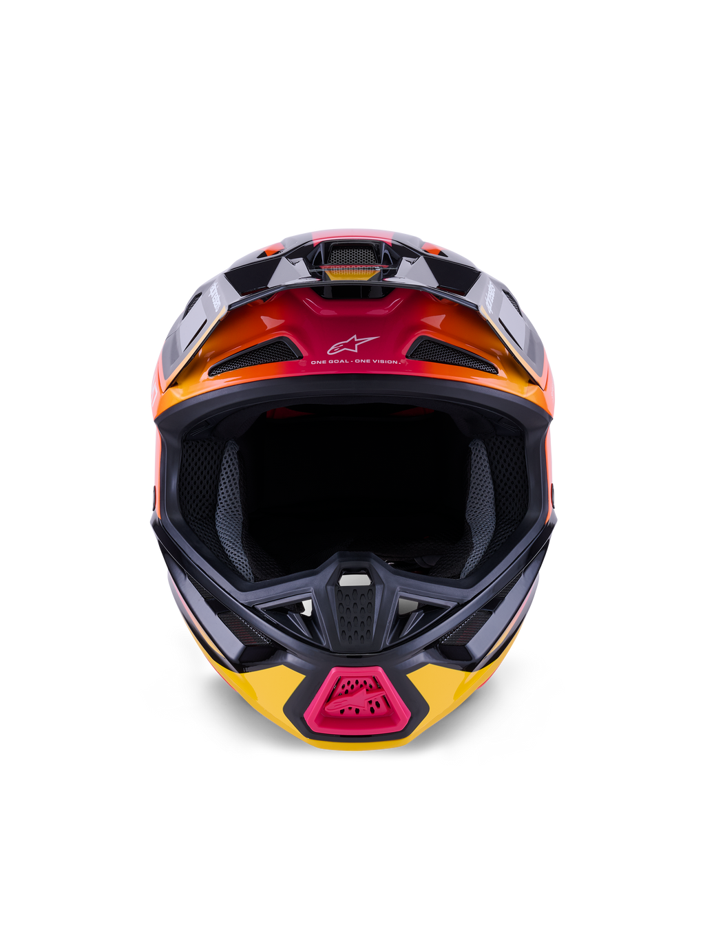 Alpinestars S-M7 Rise Helmet ECE 22.06, casque de motocross, noir, jaune et rose brillant avec dégradés orange, vue de face montrant la coque composite aérodynamique, multiples prises d'air avec mesh et marquage « One Goal. One Vision. », conçu pour la course tout-terrain.