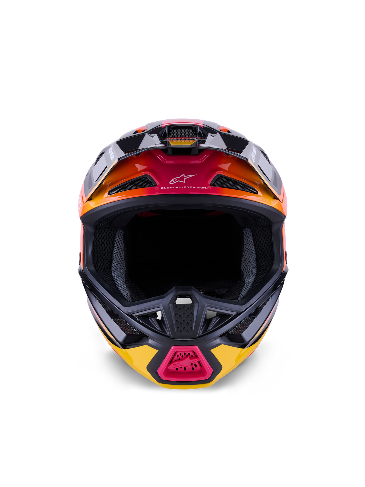 Alpinestars S-M7 Rise Helmet ECE 22.06, casque de motocross, noir, jaune et rose brillant avec dégradés orange, vue de face montrant la coque composite aérodynamique, multiples prises d'air avec mesh et marquage « One Goal. One Vision. », conçu pour la course tout-terrain.