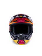 Alpinestars S-M7 Rise Helmet ECE 22.06, casque de motocross, noir, jaune et rose brillant avec dégradés orange, vue de face montrant la coque composite aérodynamique, multiples prises d'air avec mesh et marquage « One Goal. One Vision. », conçu pour la course tout-terrain.