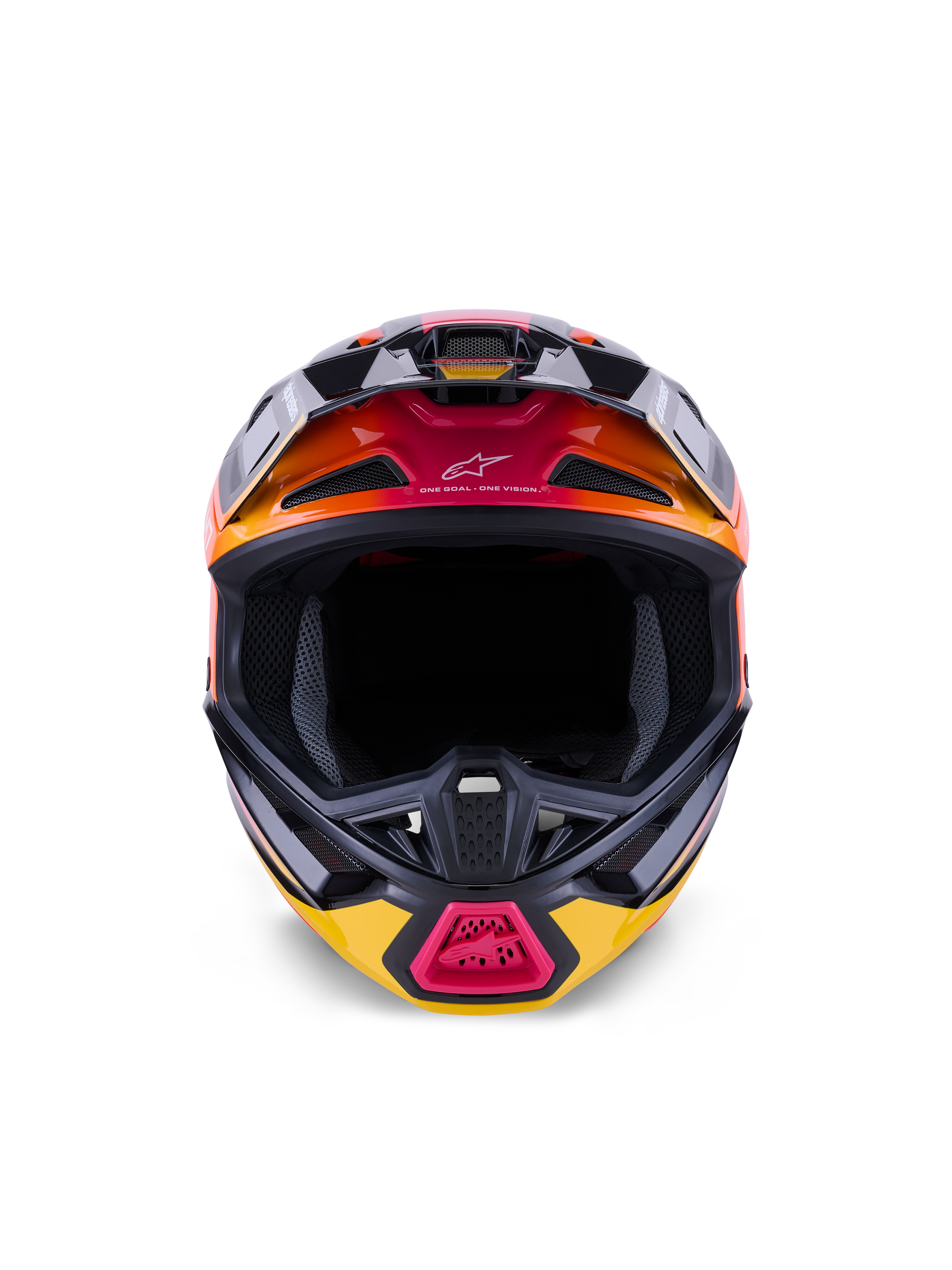 Alpinestars S-M7 Rise Helmet ECE 22.06, casque de motocross, noir, jaune et rose brillant avec dégradés orange, vue de face montrant la coque composite aérodynamique, multiples prises d'air avec mesh et marquage « One Goal. One Vision. », conçu pour la course tout-terrain.