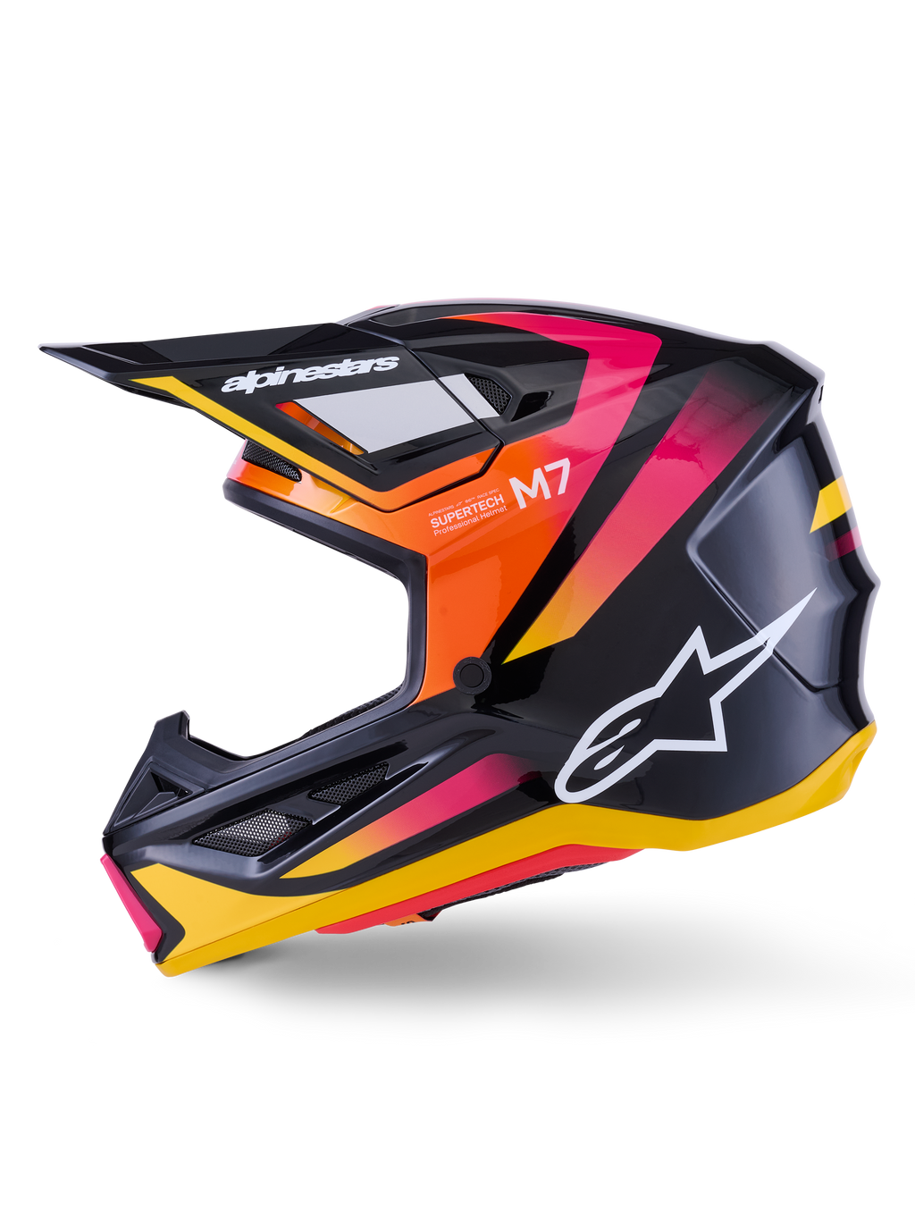 Casque Alpinestars S-M7 Rise, casque de motocross, noir, jaune et rose brillant, profil latéral montrant des accents dégradés orange et rose vifs, logo Alpinestars blanc, design aérodynamique épuré avec visière noire, protection de tête professionnelle pour la course tout-terrain