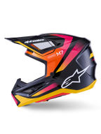 Casque Alpinestars S-M7 Rise, casque de motocross, noir, jaune et rose brillant, profil latéral montrant des accents dégradés orange et rose vifs, logo Alpinestars blanc, design aérodynamique épuré avec visière noire, protection de tête professionnelle pour la course tout-terrain