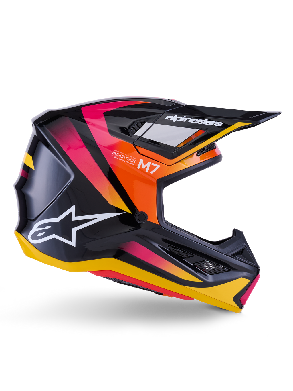 Casque Alpinestars S-M7 Rise, casque de motocross, noir brillant avec motifs roses, orange et jaunes, vue de profil, avec logo Alpinestars et visière blancs, coque aérodynamique avec ports de ventilation intégrés