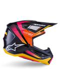 Casque Alpinestars S-M7 Rise, casque de motocross, noir brillant avec motifs roses, orange et jaunes, vue de profil, avec logo Alpinestars et visière blancs, coque aérodynamique avec ports de ventilation intégrés
