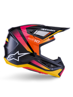 Casque Alpinestars S-M7 Rise, casque de motocross, noir brillant avec motifs roses, orange et jaunes, vue de profil, avec logo Alpinestars et visière blancs, coque aérodynamique avec ports de ventilation intégrés