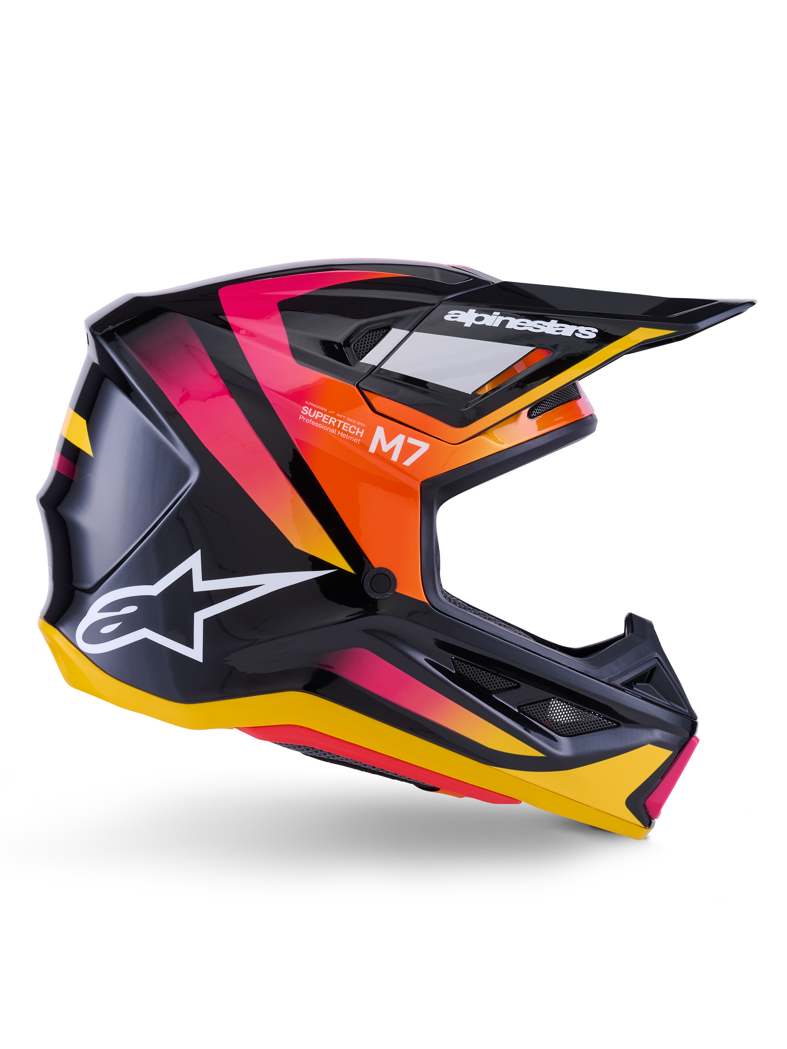 Casque Alpinestars S-M7 Rise, casque de motocross, noir brillant avec motifs roses, orange et jaunes, vue de profil, avec logo Alpinestars et visière blancs, coque aérodynamique avec ports de ventilation intégrés