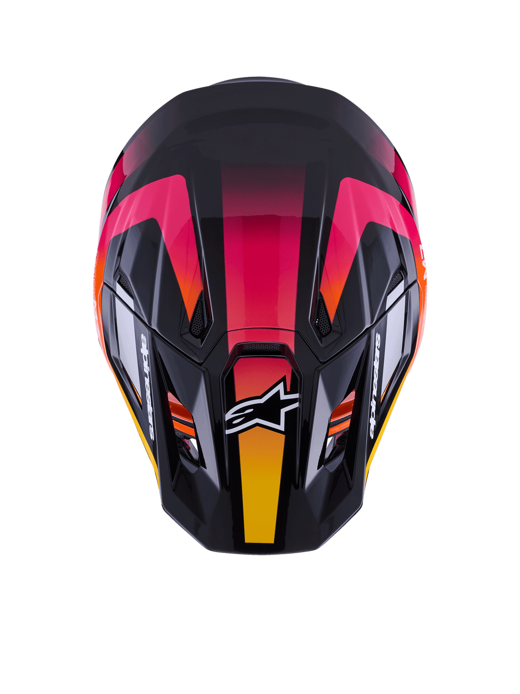 Alpinestars S-M7 Rise Helmet ECE 22.06, casque de motocross, noir, rose et jaune brillant, vue de dessus montrant la coque composite aérodynamique, un design en dégradé éclatant, les orifices de ventilation et le logo Alpinestars blanc à l'avant