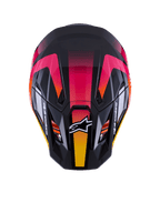 Alpinestars S-M7 Rise Helmet ECE 22.06, casque de motocross, noir, rose et jaune brillant, vue de dessus montrant la coque composite aérodynamique, un design en dégradé éclatant, les orifices de ventilation et le logo Alpinestars blanc à l'avant