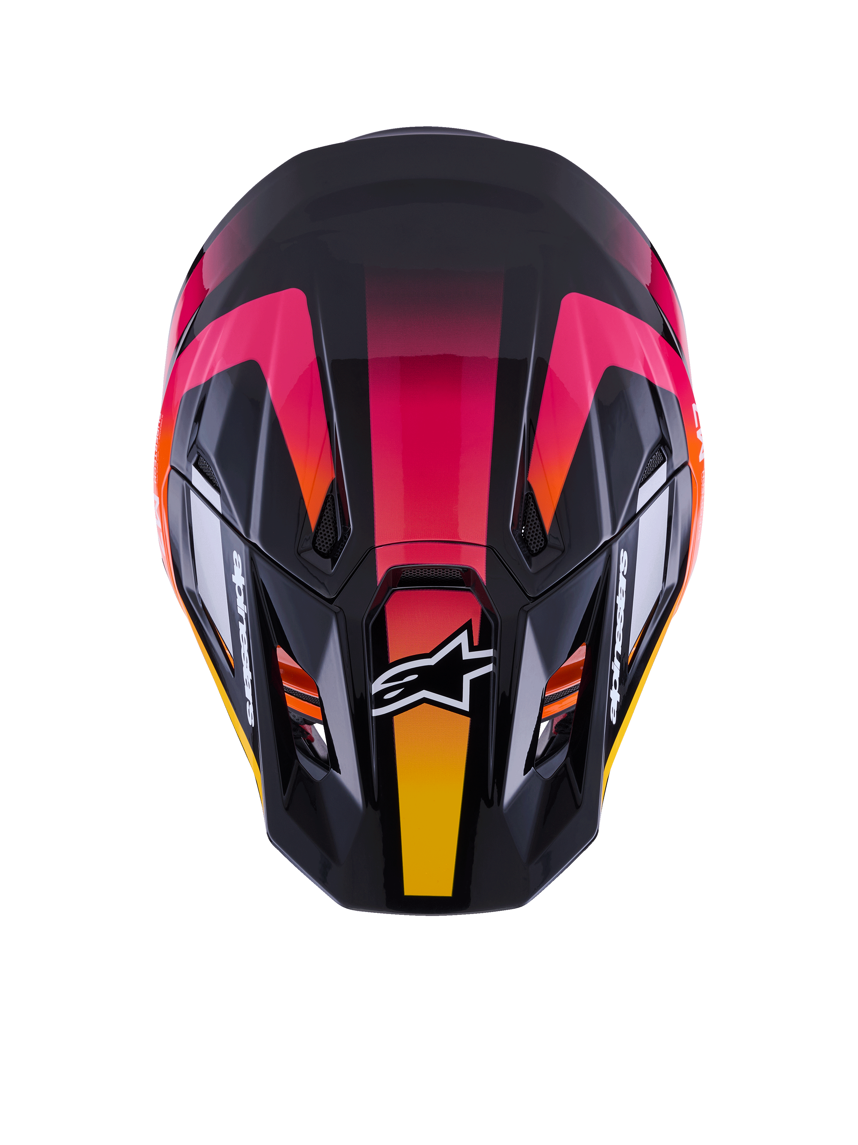 Alpinestars S-M7 Rise Helmet ECE 22.06, casque de motocross, noir, rose et jaune brillant, vue de dessus montrant la coque composite aérodynamique, un design en dégradé éclatant, les orifices de ventilation et le logo Alpinestars blanc à l'avant