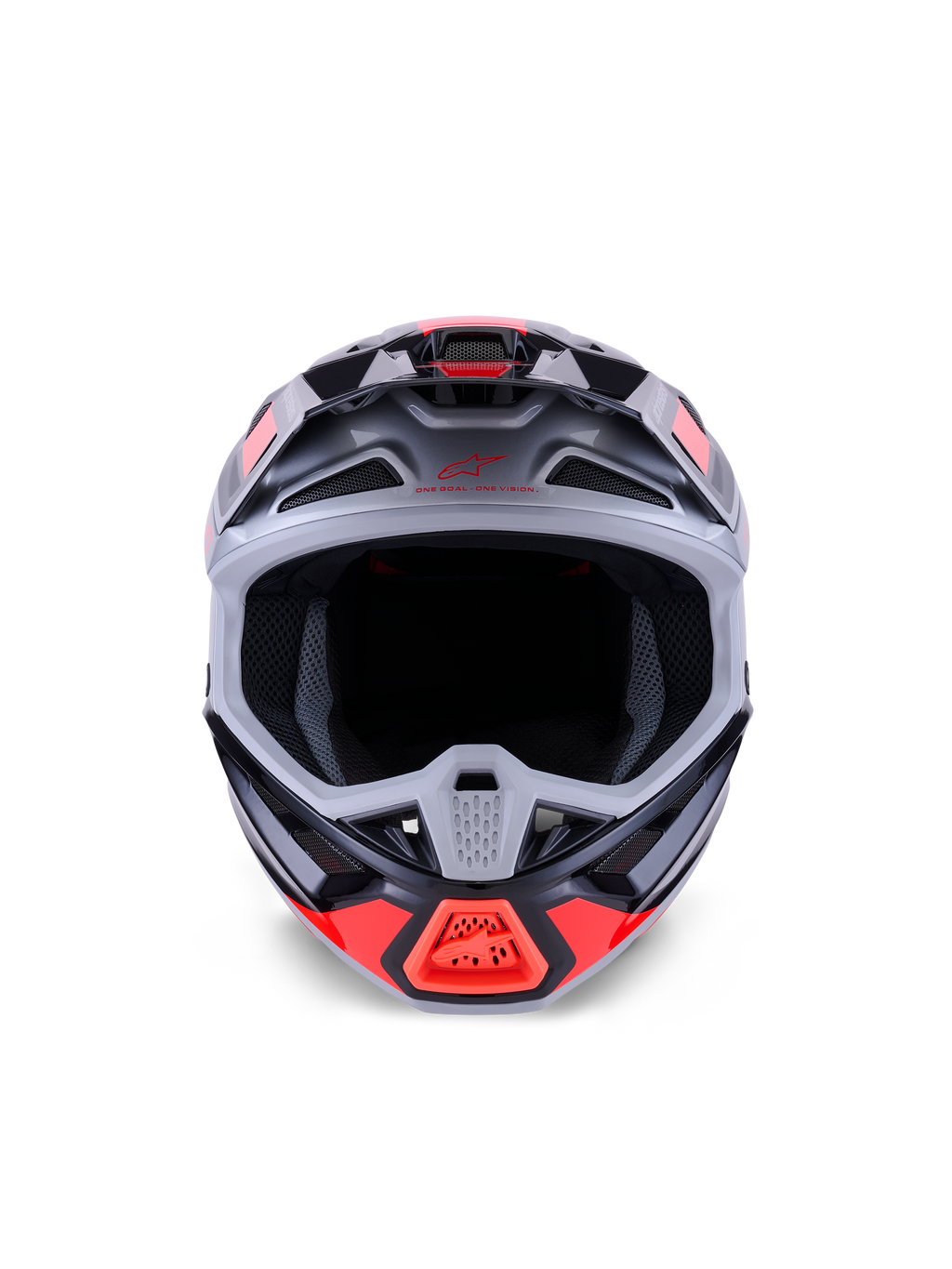 Alpinestars S-M7 Rise Helmet, Motocross Helmet, Black Silver and Red Fluo Glossy, front-facing view showing aerodynamic composite shell, multiple intake vents, and large eye port, engineered for off-road racing protection.
