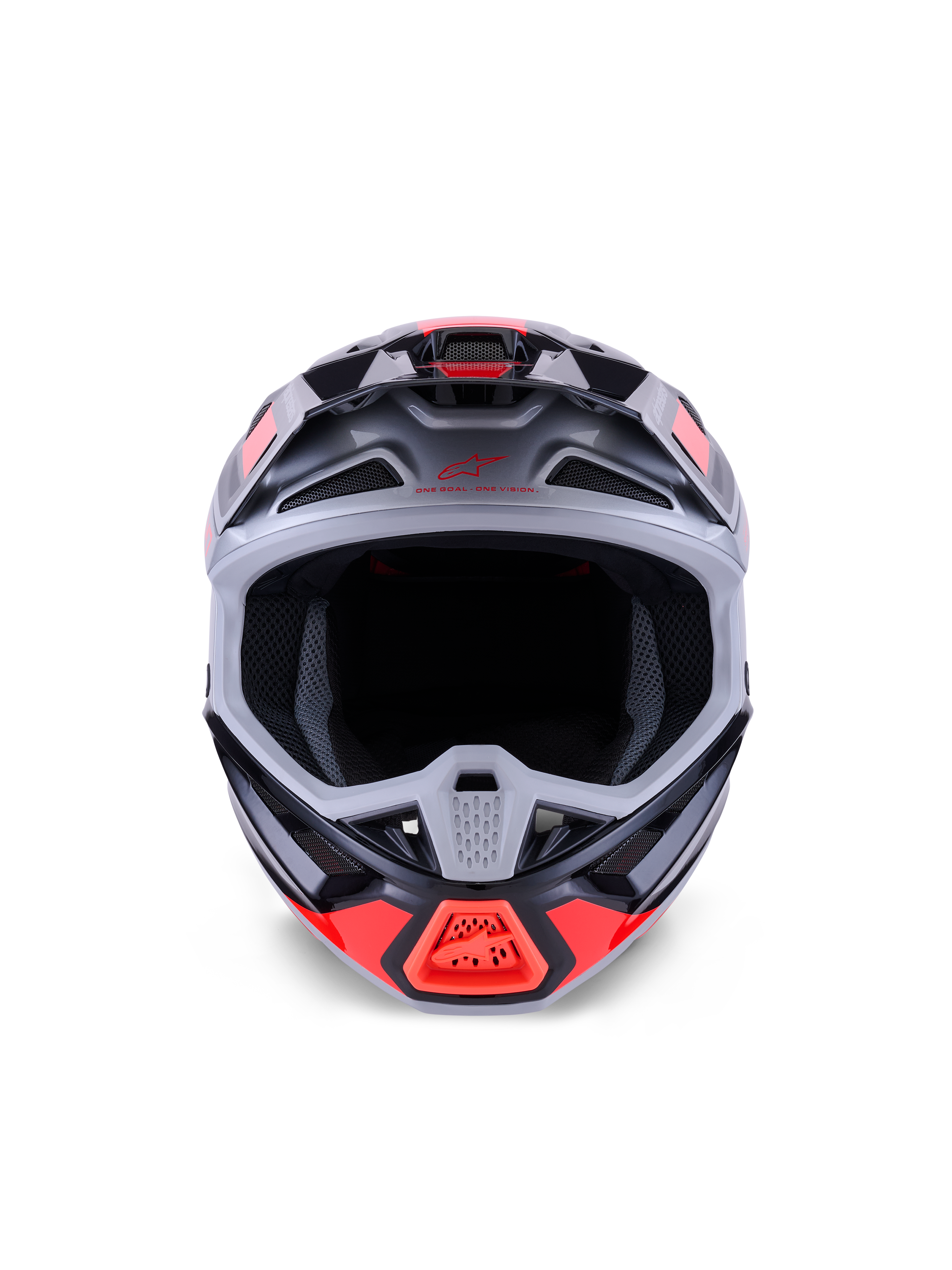 Alpinestars S-M7 Rise Helmet, Motocross Helmet, Black Silver and Red Fluo Glossy, front-facing view showing aerodynamic composite shell, multiple intake vents, and large eye port, engineered for off-road racing protection.